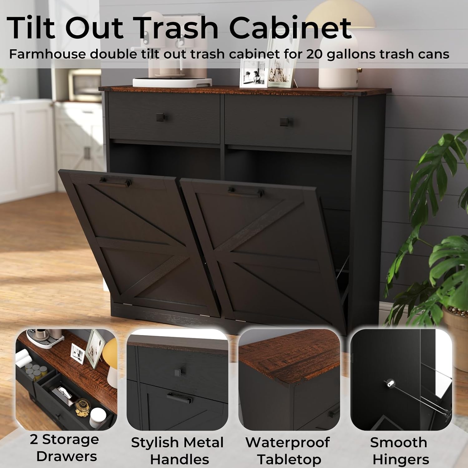 Double Tilt Out Trash Can Cabinet for 20 Gallon,Hidden Dual Laundry Cabinets with 2 Drawers & 2 Baskets, Barn Door Style Garbage Cabinet for Kitchen(Black)
