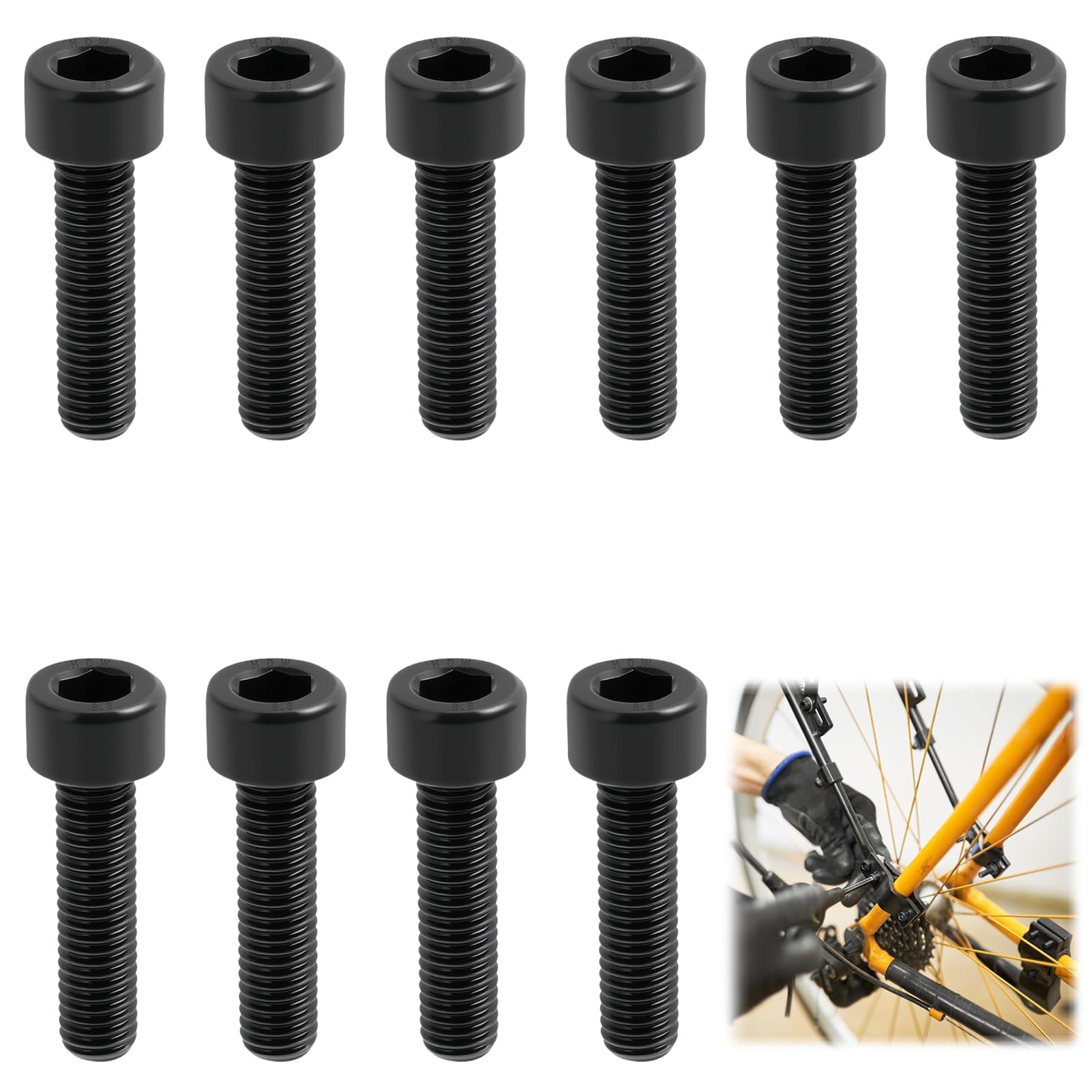 Set de 10 Tornillos M5x20mm para Bicicleta, Arandelas, Pernos Alta Resistencia Freno Disco, Vástago, Negro