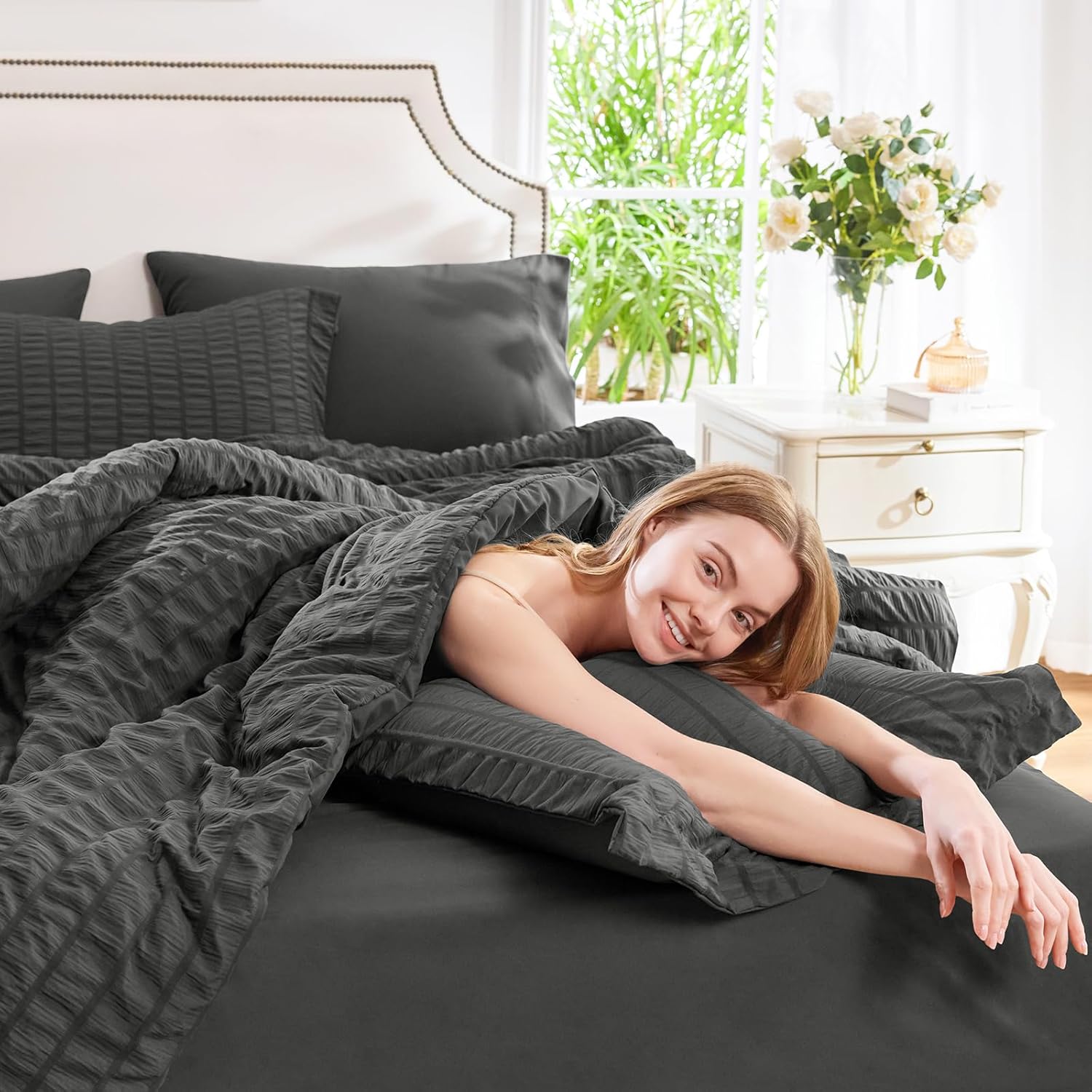 CozyLux Queen Comforter Set Dark Grey Seersucker 7 Pieces Bed in a Bag Queen Comforter Set with Sheets, Dark Gray Luxury Soft Bedding Set with Down Alternative Comforter, Sheets, Pillowcases & Shams