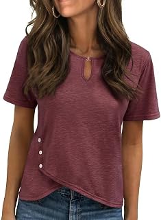 Womens Short Sleeve 2026 T-Shirts Crew Neck Summer Tops Asymmetric Hem | Women’s short sleeve t-shirt with keyhole neck & metal clasp, casual daily basic top for all seasons