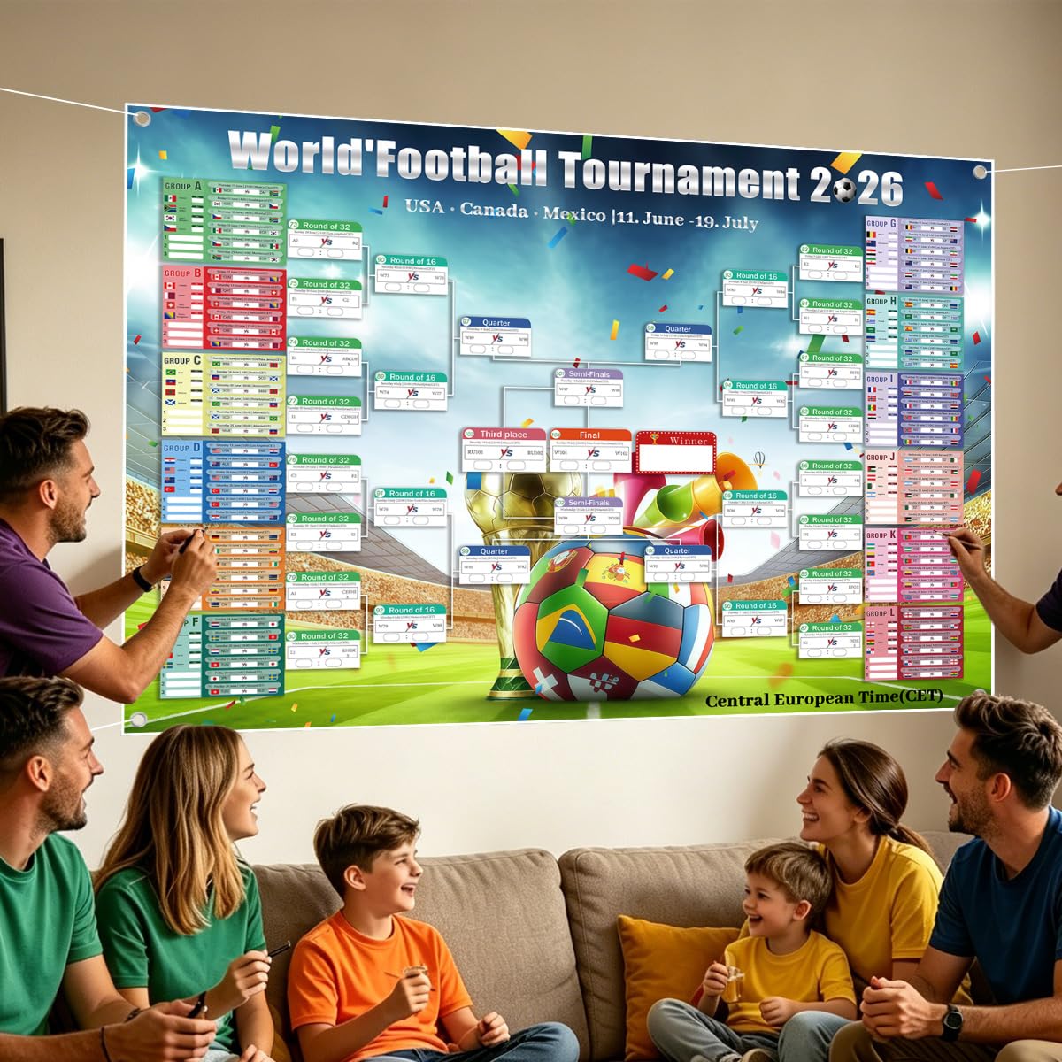 Póster de Calendario de la Copa del Mundo 2026,150x100 cm,con pegatinas de corrección de cuerda para colgar,Incluye 48 Equipos Participantes e Info de Partidos,para Salón Bar Fiesta (150x100)