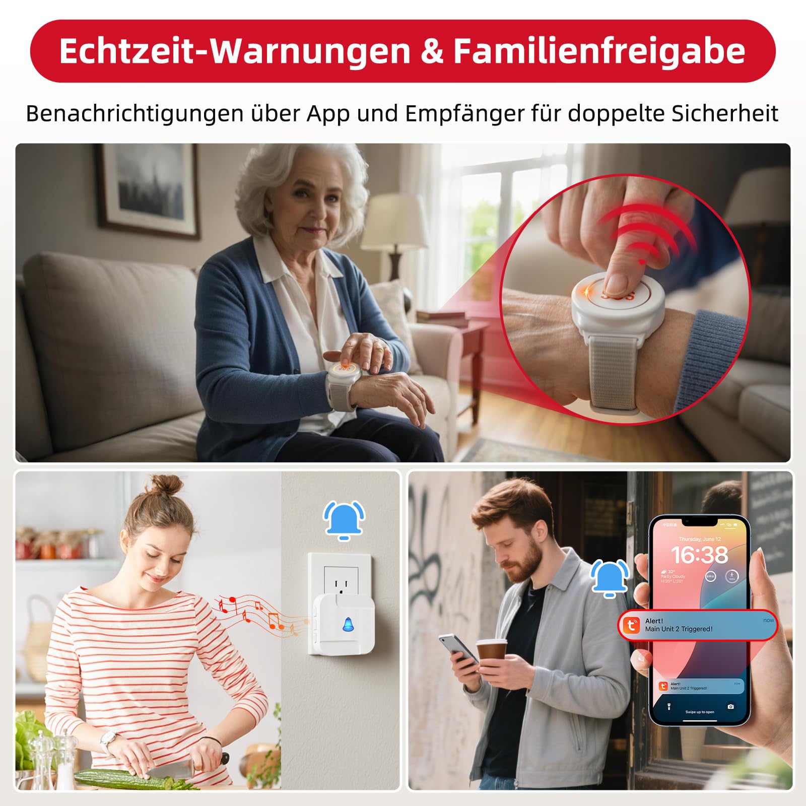 CallToU Braccialetto di emergenza WiFi per anziani su cellulare con 1 pulsante di emergenza, 1 bracciale, 1 ricevitore per anziani, disabili