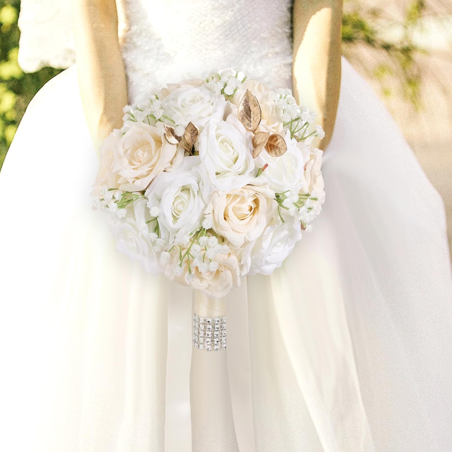 Wedding Bouquets for Bride - Realistic Silk Flowers Artificial Roses, 9 Inch Bridesmaid Bouquet for Ceremony, Church, Anniversary, and Home Decoration (White & Champagne) - Image 6