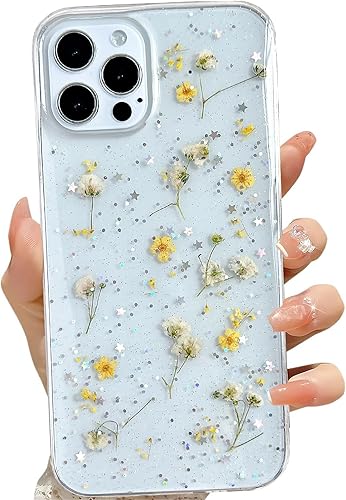 Miniatura 61 de Funda transparente para iPhone 16 Pro Max con diseño de flores reales presionadas, patrón floral rosa brillante y lindo, funda protectora de TPU
