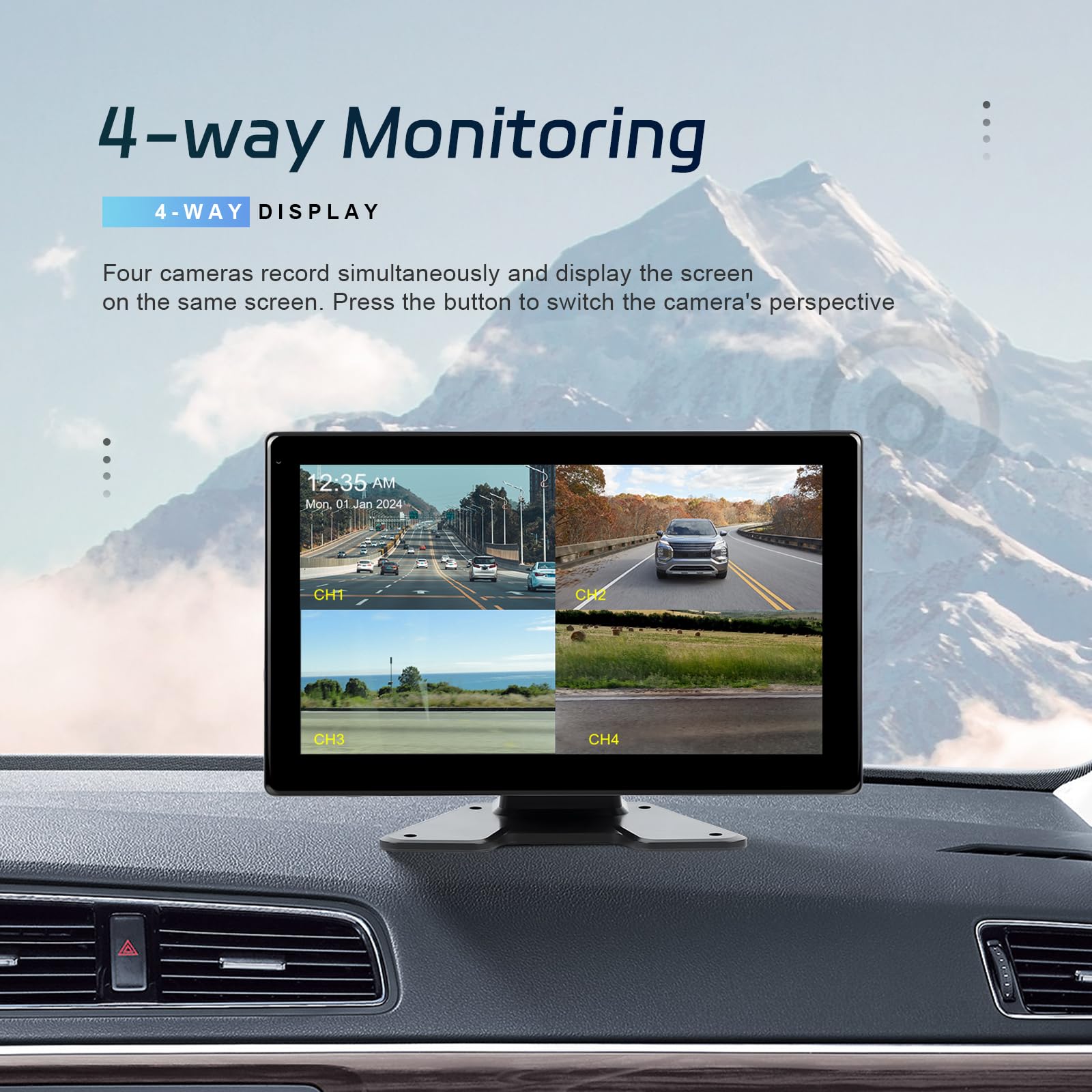 Kamera cofania 10,1 cala HD ekran 2,5D system DVR z 4 kamerami nagrywanie w pętli dla ciężarówek autobusów i maszyn rolniczych 7–32 V kompatybilna z CarPlay i Android Auto monitorowanie postoju IP68