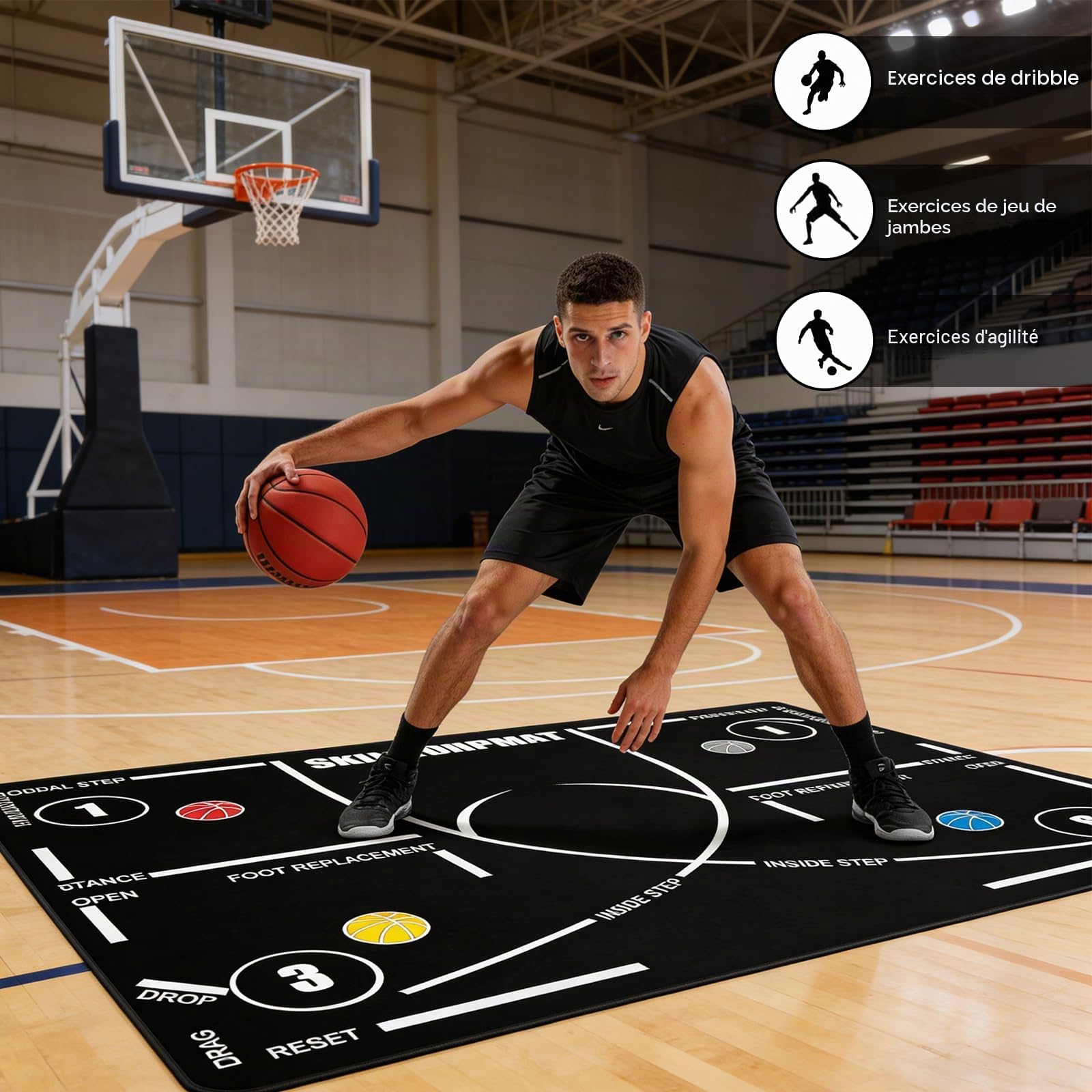 Tapis d'entraînement de basket-ball - 120 x 80 cm - Antidérapant - Tapis d'entraînement pour le travail des pieds et le dribbling - Silencieux - Grand format - Pour entraînement au sol de basket-ball