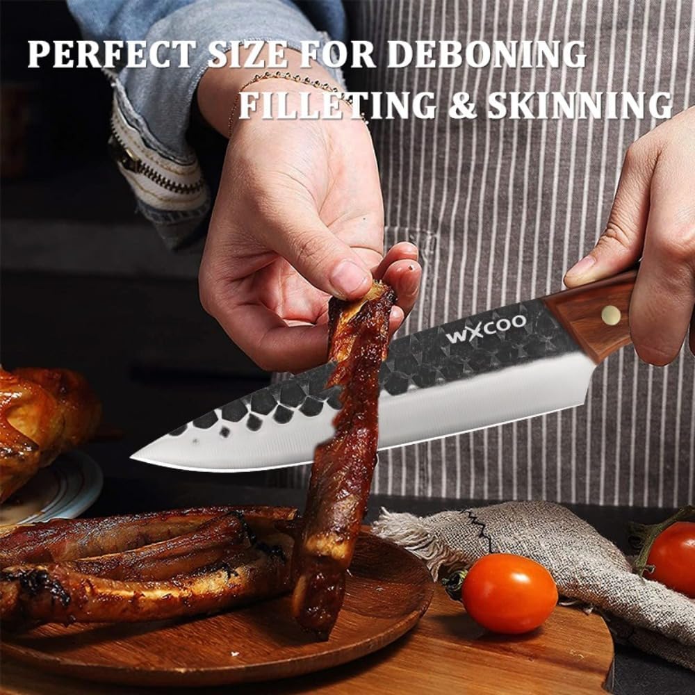 Hand Forged Kitchen Chef Knife Set High Carbon Steel Meat Boning Cleaver Cheese Knife Professional Butcher Hunting Fish Fruit Viking Knife with Sheath for Kitchen, Hiking, Camping, Fishing, BBQ
