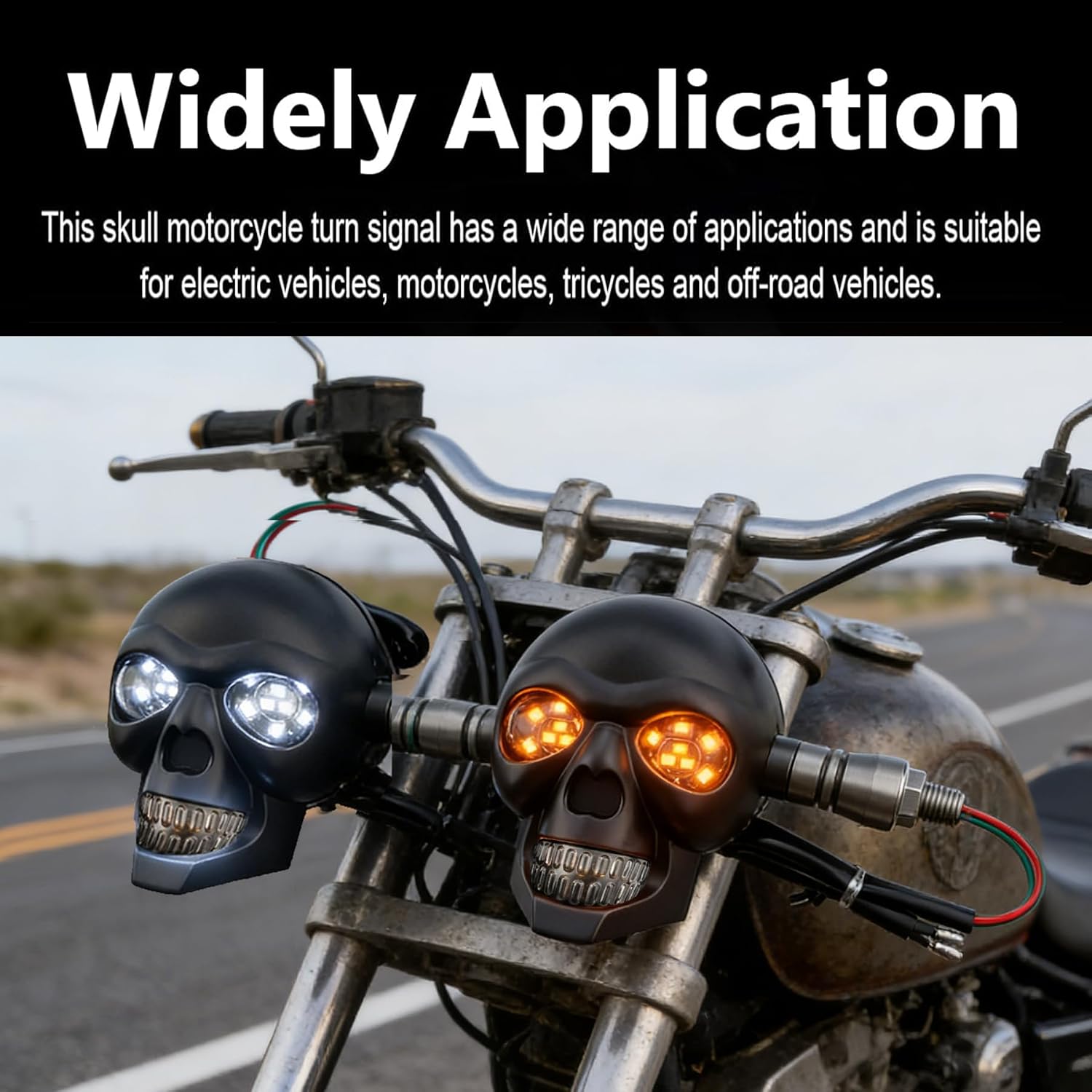 2 PCS Motorcycle LED Turn Signal Lights, Skull Design Running & Blinker Lights, White DRL + Amber Flash, Waterproof 12V Bolt-On Indicators, Universal for Most Motorcycles (Black)