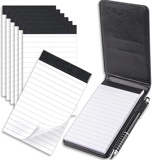 Jouseer 10 Pieces Mini Pocket Notepad Holder Set Included with 50 Lined Sheets, Metal Pen and 8 Pieces 3 x 5 Inch Memo Book Refills with 30 Lined Paper Per Note Pad(Black)