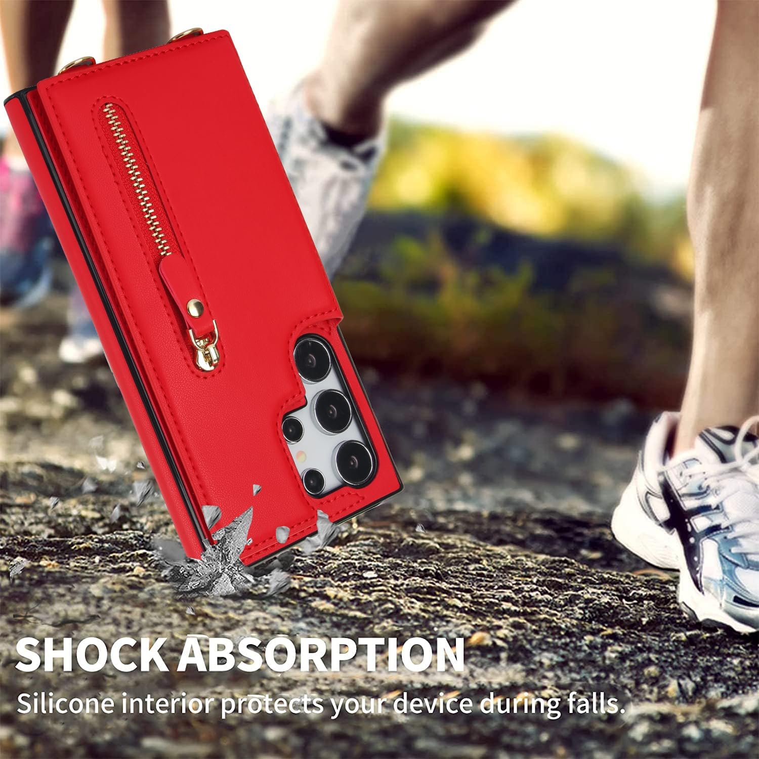 Crossbody Wallet Case for Samsung Galaxy S23 Ultra with RFID Blocking Card Slot Holder, Magnetic Flip Folio Purse Case, PU Leather Zipper Handbag with Detachable Lanyard Strap -red