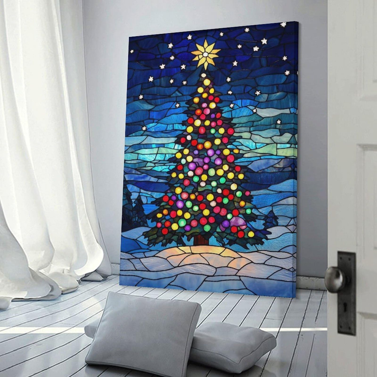 Junmoney Frame-Style-12 Stained Glass Christmas Tree Wall Picture Print 08X12inch(20X30cm), For Lounge Decor, Offices Or Entryway Styling, Versatile Wall Decor For Many Rooms