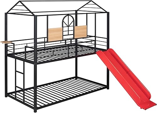 Miniatura 4 de Litera de metal individual sobre individual con tobogán, litera de casa con tobogán y techo, para niños, adolescentes, niñas, niños (negro con