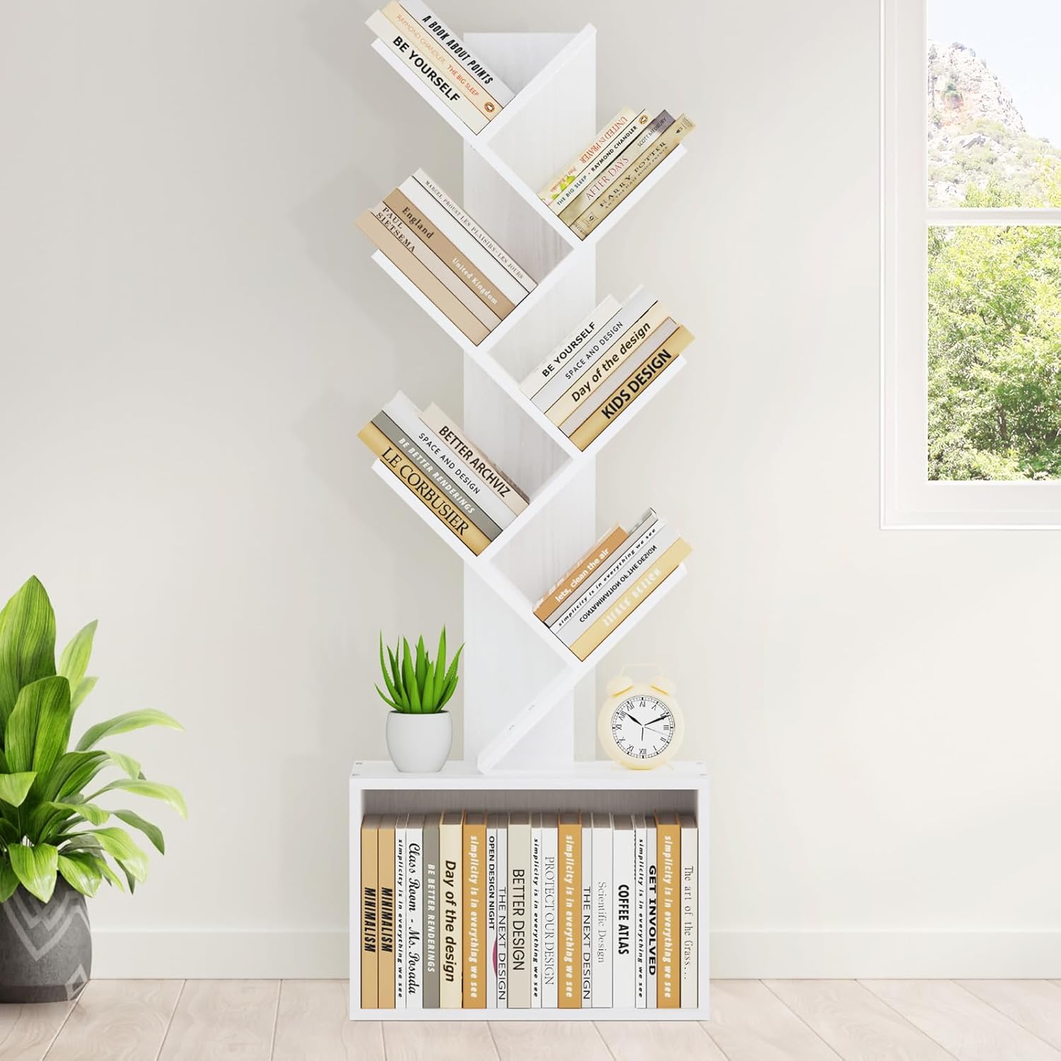 6 Tier Tree Bookshelf, Sturdy Retro Floor Standing Wood Bookcase, Storage Rack for Home Office, Living Room, Bedroom, Reading Spot, Heavy Book Organizer Shelves for CDs/DVDs/Movies, White