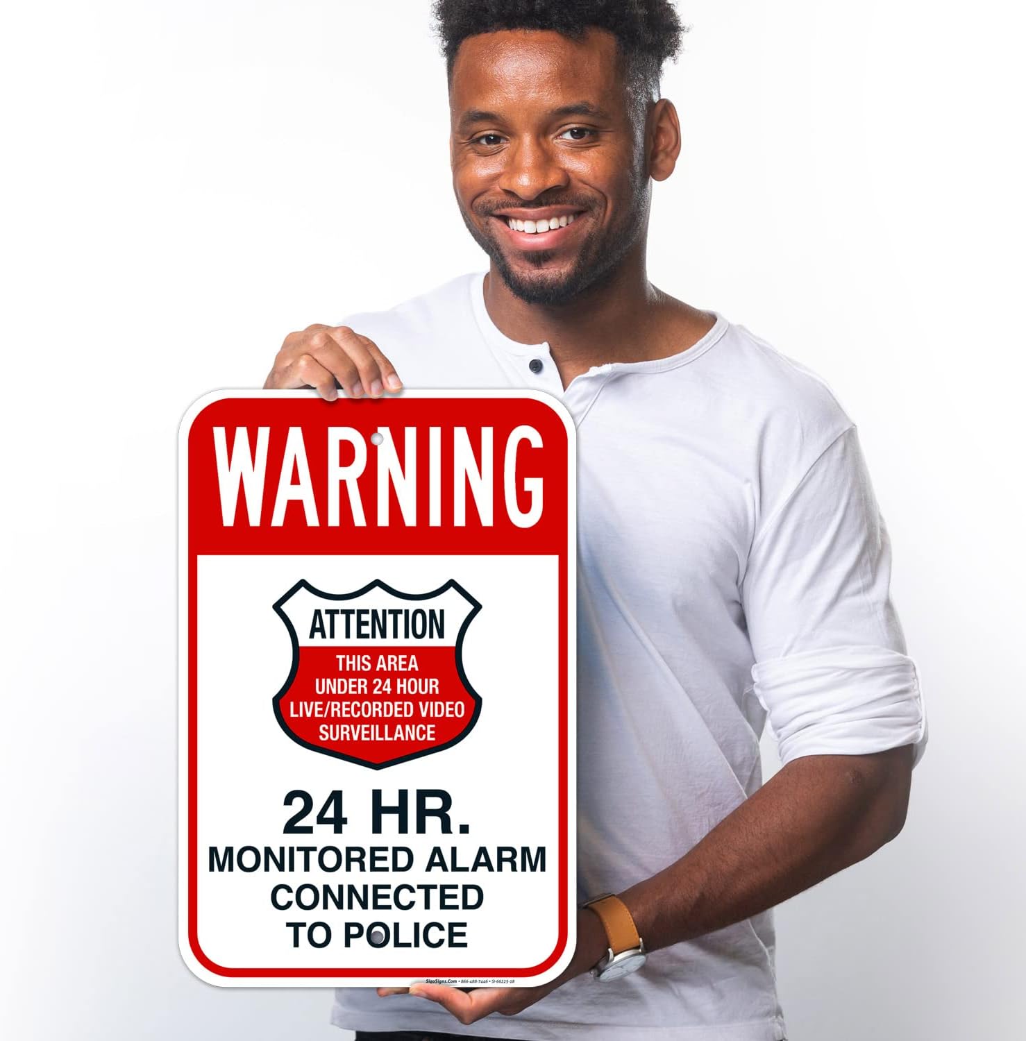 Warning Attention 24 Hr Monitored Alarm Connected to Police Sign, 12x18 Inches, Rust Free .063 Aluminum, Fade Resistant, Made in USA by Sigo Signs