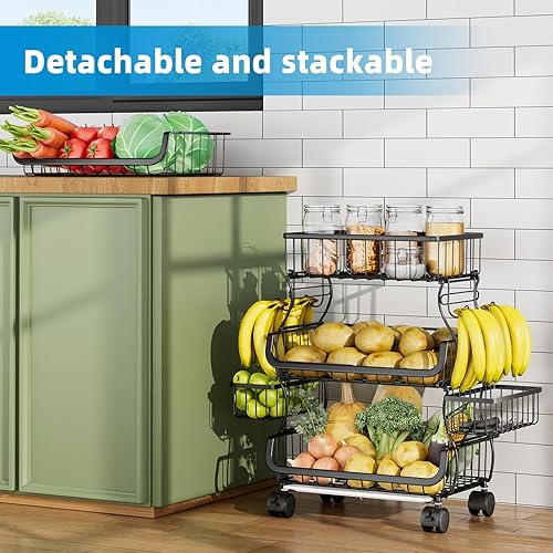Miniatura 10 de Simple Trending Carrito rodante de 6 niveles, cesta apilable de frutas y verduras con ruedas y 2 cestas colgantes, cesta de alambre de metal