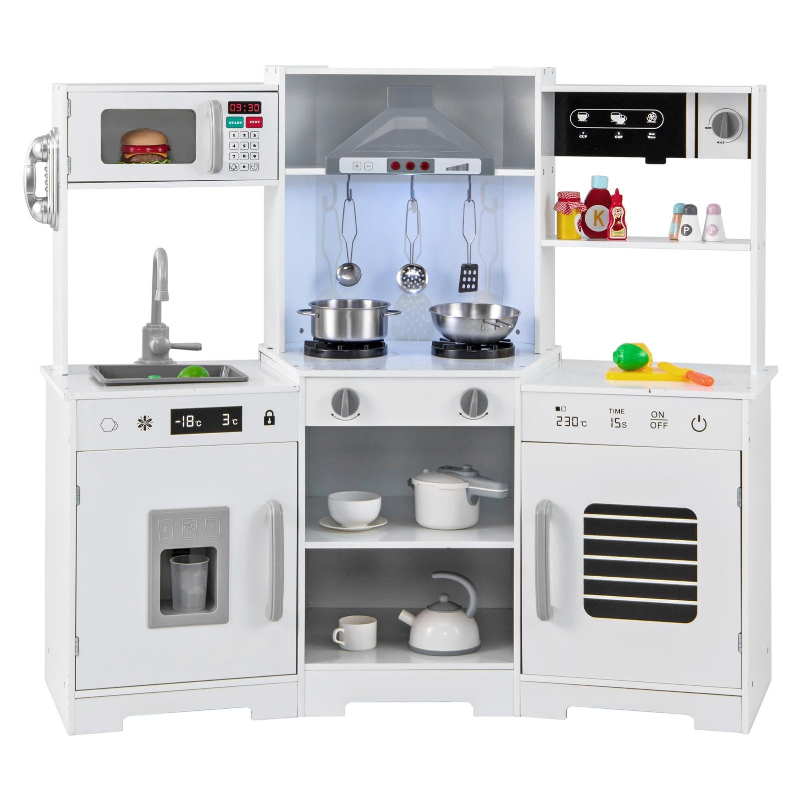COSTWAY Cocina Juguete, Cocinita de Madera Infantil, Cocinita Infantil con Luz y Sonido con Campana Extractora, Dispensador de Hielo, Fregadero, Grifo, Microondas, Horno, Utensilios (Blanco)
