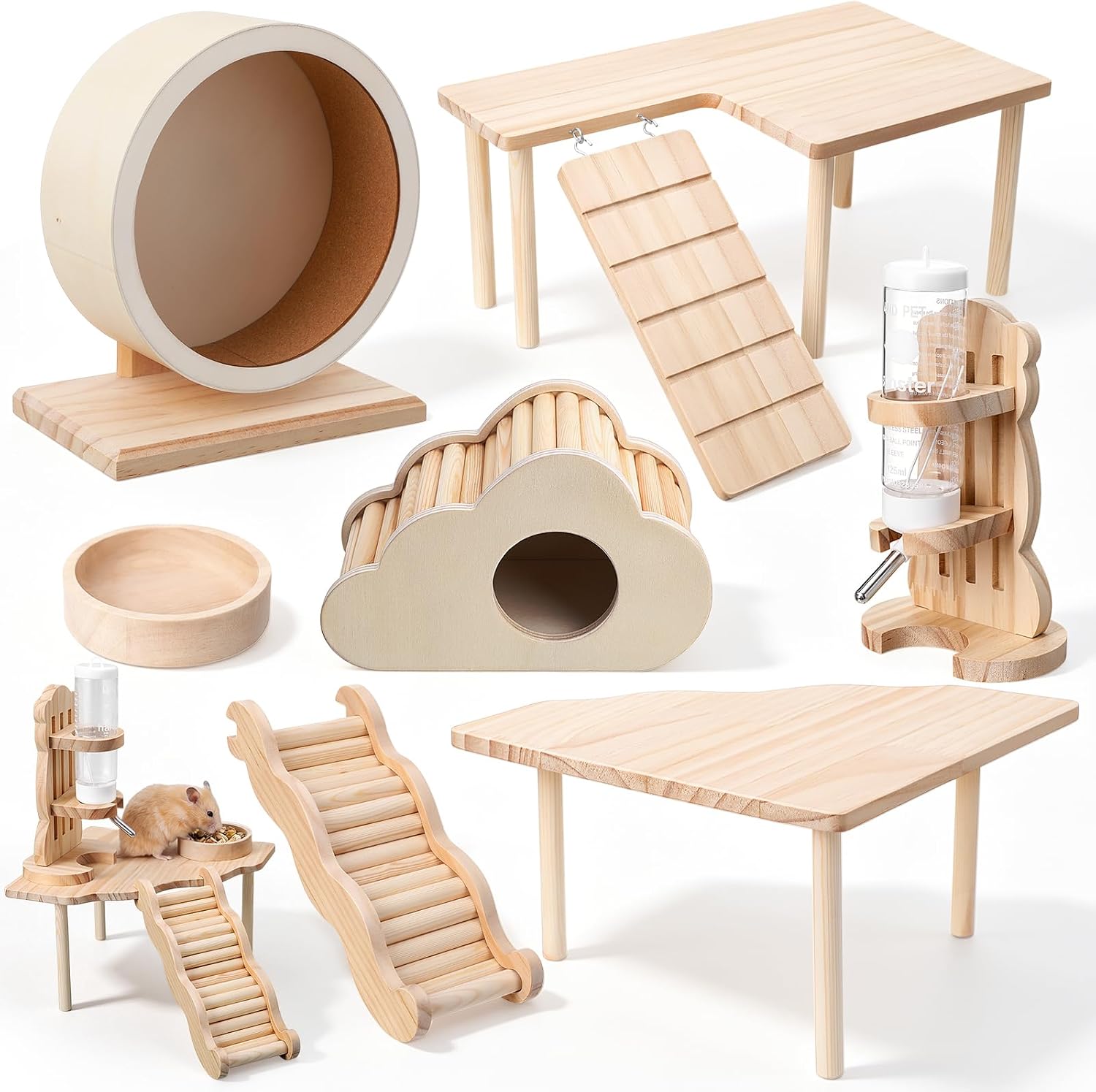 Novabright 7-in-1 Hamster Cage Accessories Set, Wooden Hamster Habitat with Silent Exercise Wheel, Cloud Hideout, Platform, Climbing Ladder, Water-Bottle Stand, Food Bowl for Syrian Dwarf Hamsters