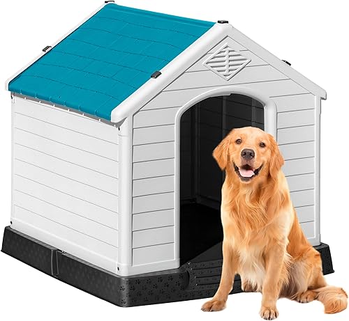 Rankok Casa para perros de plástico para exteriores, resistente a la intemperie, refugio para cachorros, perreras para interiores con rejillas de