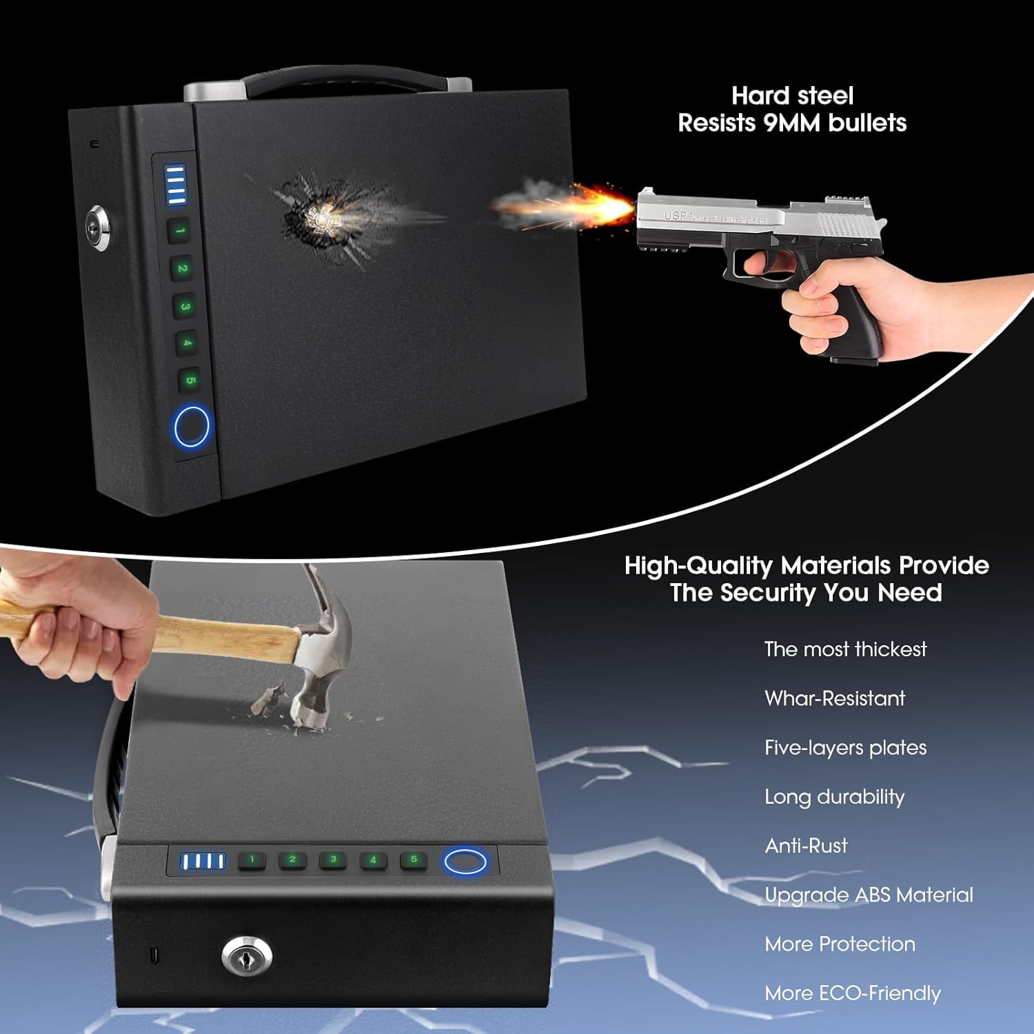 Biometric Fingerprint Gun Safe for Handgun, 3 Quick Access Methods, with Fingerprint/Digital PIN/key, suitable for bedside cabinets, wardrobes, and handgun safes in cars