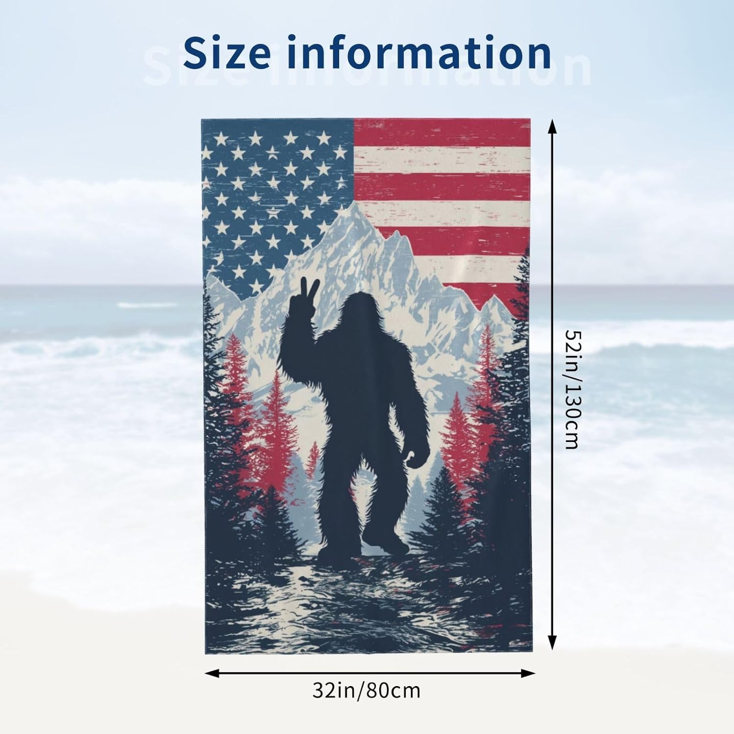 American Flag Bigfoot Beach Towel Microfiber Sand-Free Soft Absorbent Quick Dry Sasquatch Bath Towel for Travel Pool Swimming Bathroom Travel Gifts for Men Women Beach Accessories 31x51 in