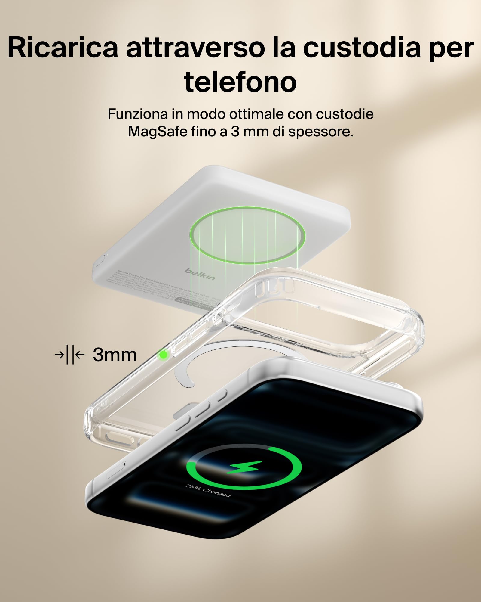 Belkin BoostCharge Power Bank Magnetico Sottile 5000mAh, Supporto - Bianco | Caricatore Portatile 5000mAh Wireless Qi2, Anello Magnetico, 1 USBC, Pre-Caricato, Leggero, Cavo Incluso, Sicuro per l'Aereo