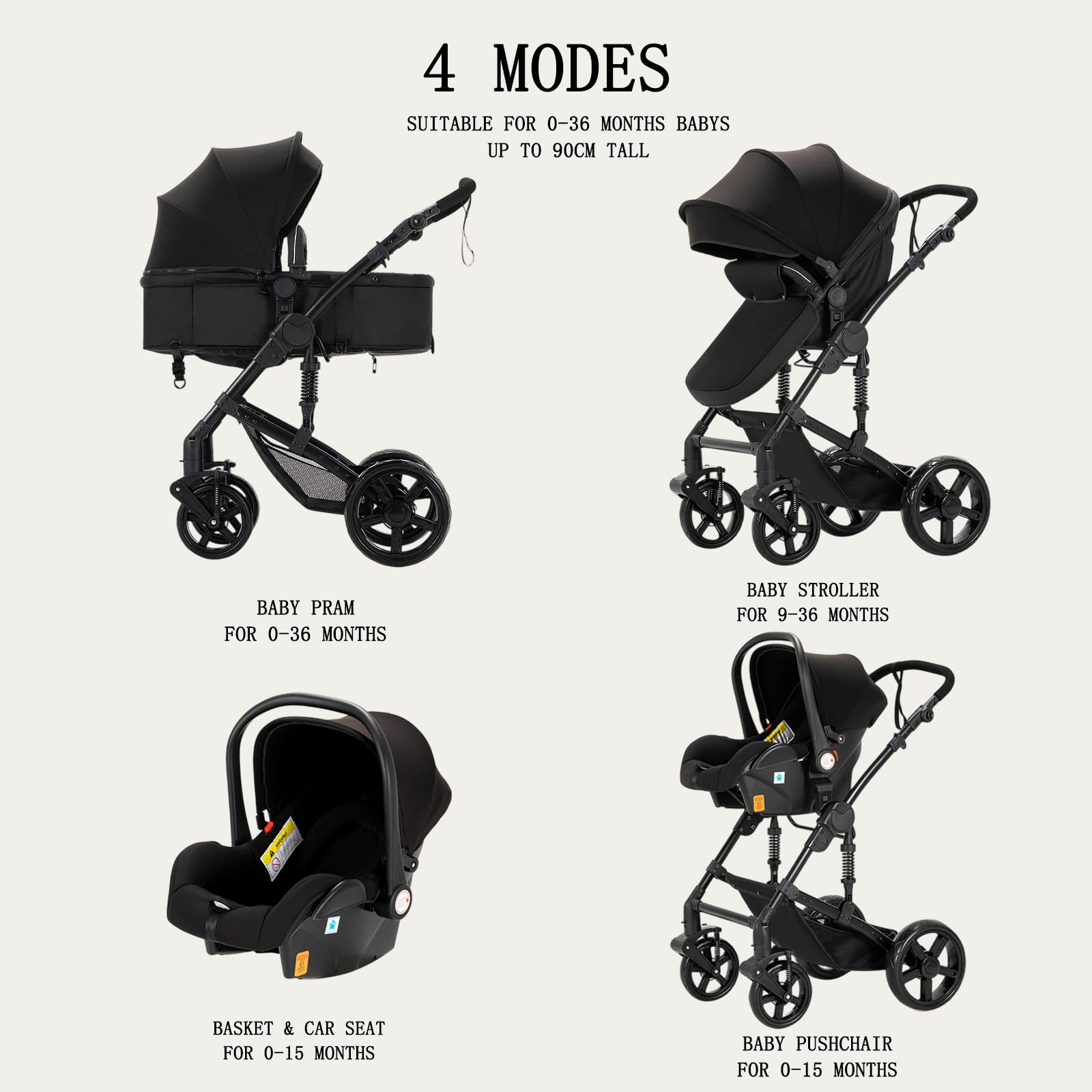 Carrito bebe 3 en 1, Capazo, Cochecito Deportivo y Silla de Coche, para Bebés de 0 a 36 Meses (Negro)