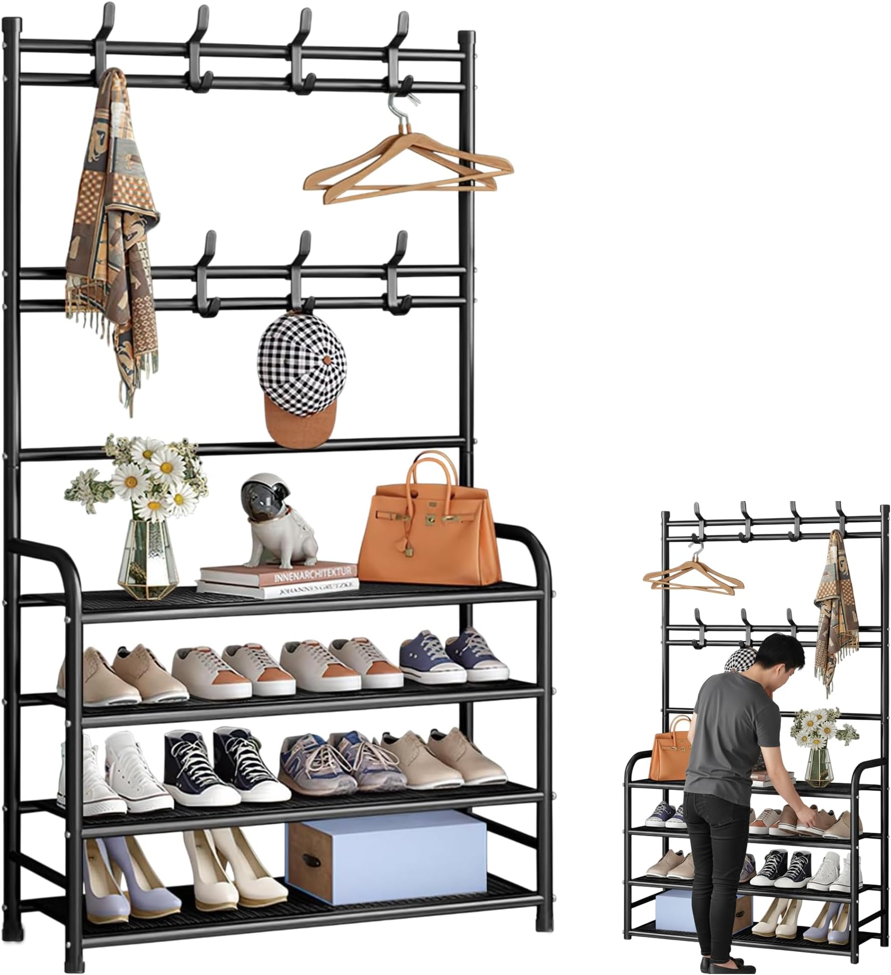 MARKQ 3-in-1 Hall Tree Coat Rack with Shoe Storage – Entryway Shoe Rack with 8 Hooks & 4-Tier Shelves | Multi-Function Coat Stand, Shoe Organizer & Storage Shelf for Entryway, Bedroom & Living Room