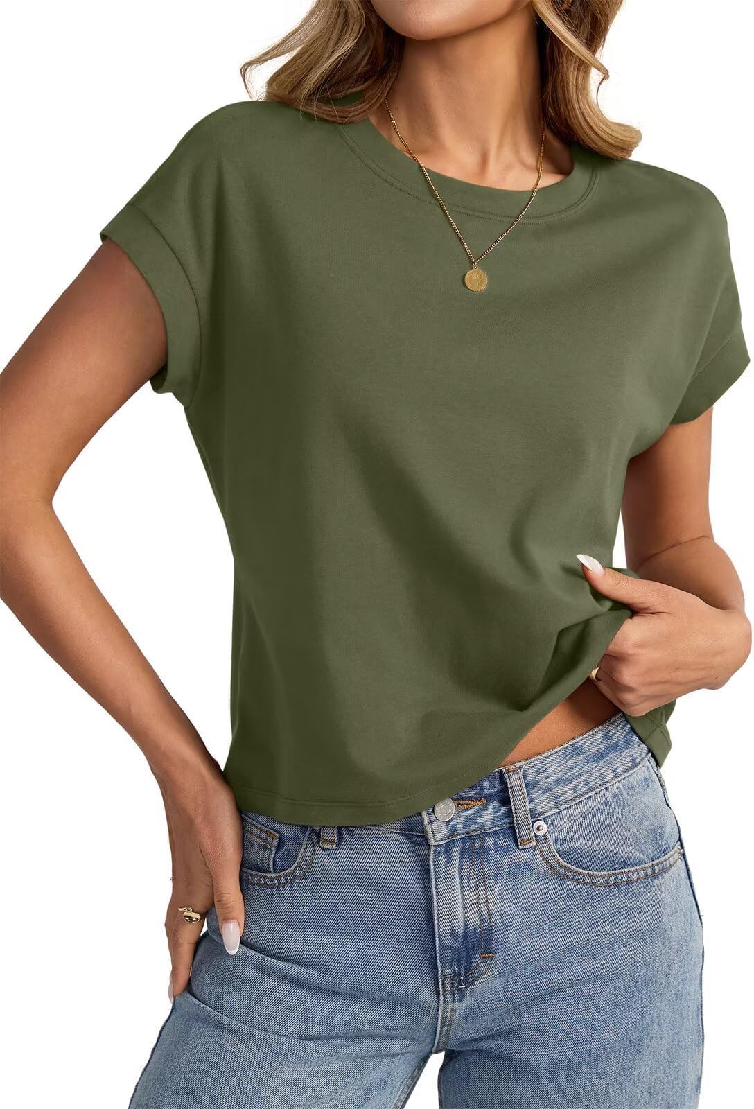 BUNSLOOM Crop Tops Damen Kurzarm T-Shirt Casual Basic Locker Shirt Sommer Kappenärmel Oberteile Rundhals Top