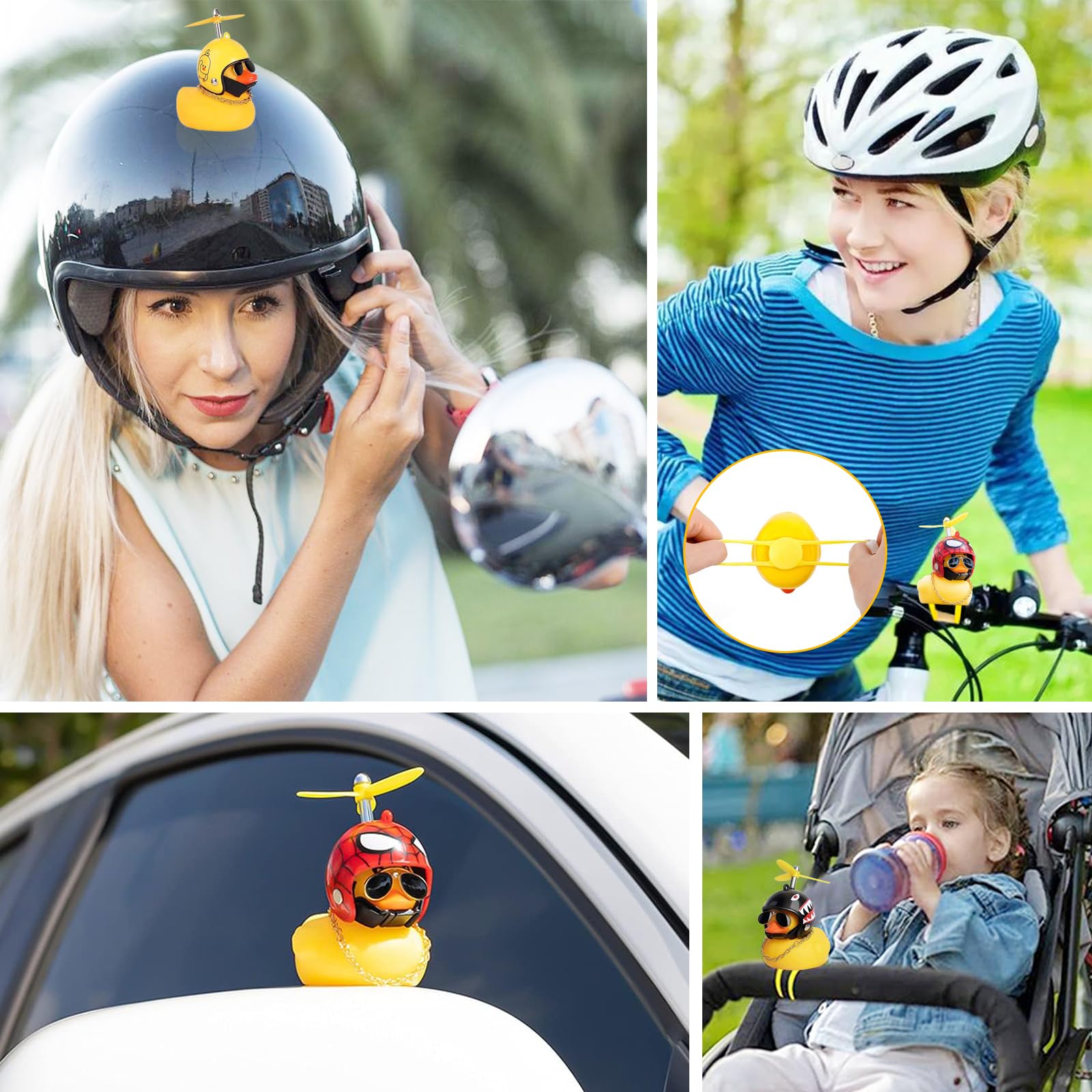 Żółta kaczka na rower, 4 sztuki, gumowa kaczka, zabawka, gumowa żółta kaczka, ozdoba samochodu, kaczka ze śmigłem, motocyklem, z kaskiem śmigła i taśmą mocującą, do samochodu, roweru, domu