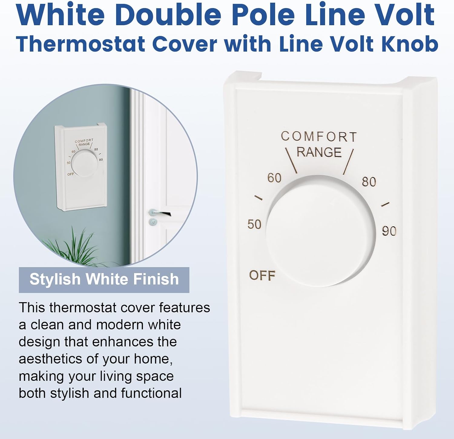 QCG White Double Pole Line Volt Thermostat Cover with Knob, 2 Pack | Old Style Thermostat Cover Replacement for 2-9/16" x 4-3/8" Old Style D22 - HVAC, ABS Material, Gold-Plated Lettering