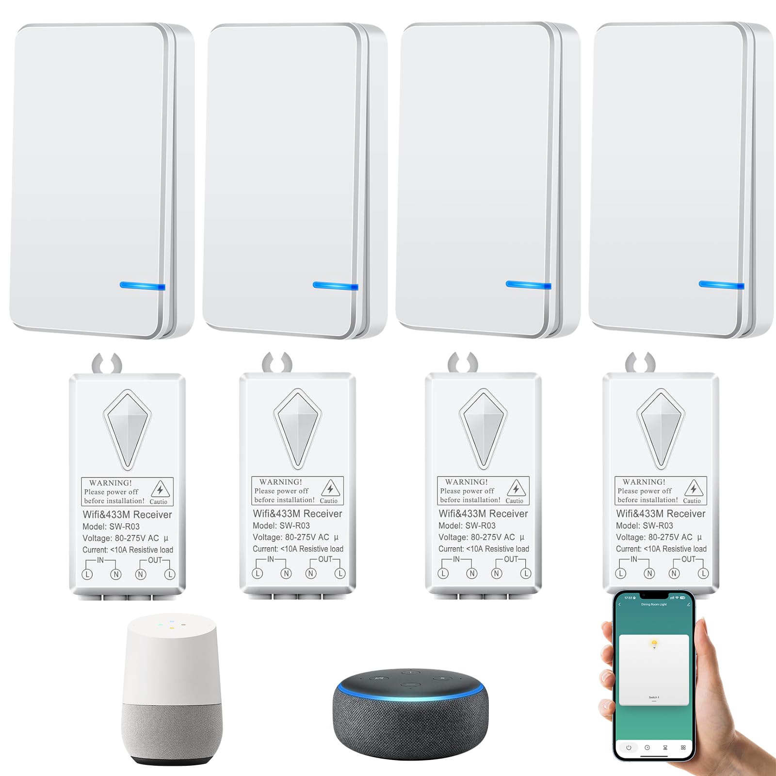 NineLeaf 4Pcs Kit récepteur Wifi pour mini interrupteur sans fil, sans câblage, contrôle vocal, fonction de temporisation, étanche IP66, compatible avec Alexa Google Assistant Tuya Smart Life APP
