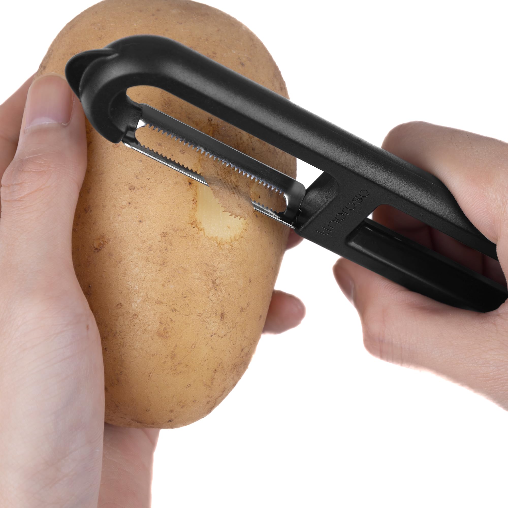 Linoroso 3PCS Pelapatate Professionale a Forma di I-Liscia e I-Seghettata e Y-Striata con Punte Appuntite, Per Pela Patate e Verdura Frutta, Scorrevolezza e Impugnatura Confortevole - Nero