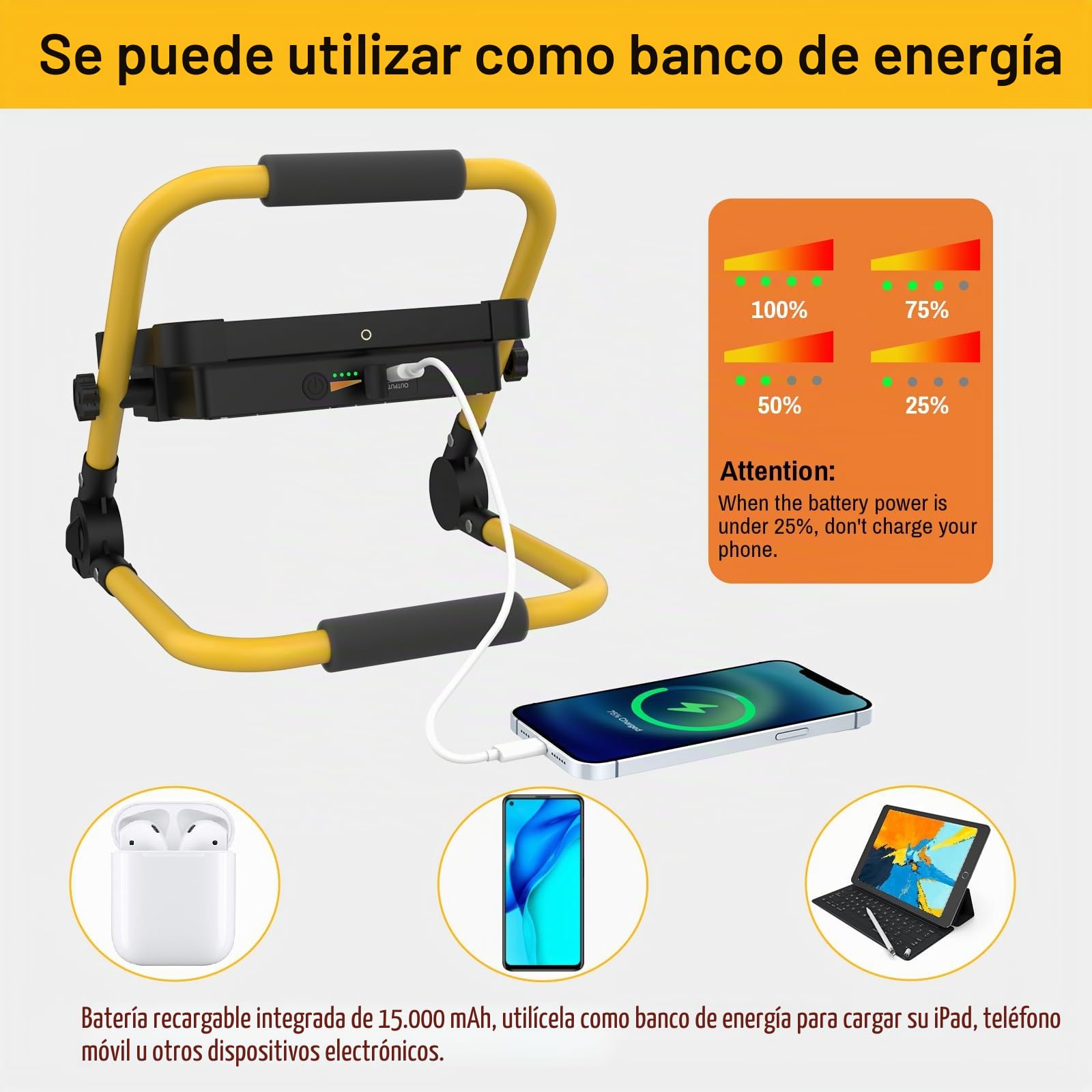 MASMEJOR Foco LED Recargable Solar, 16000LM, 15000mAh, Mando a Distancia | 160W, 552 LEDs, Soporte Metálico, 4 Modos de Luz, Salida USB, Portátil para Camping, Construcción, Garaje, Pesca, Emergencia