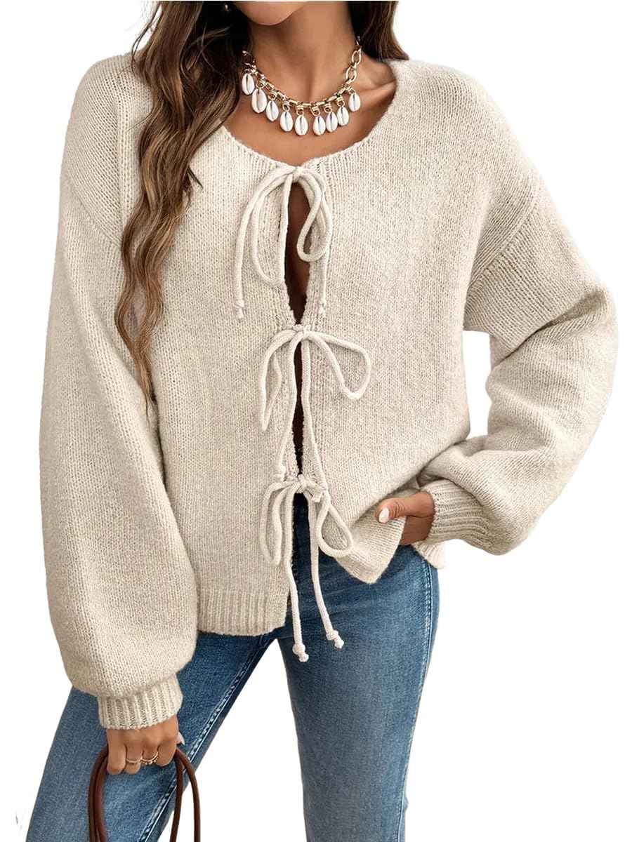 ZAFUL Womens Tie Front Cardigan Sweater Knotted Long Sleeve Knitwear Frenchy Oversized Cardigan