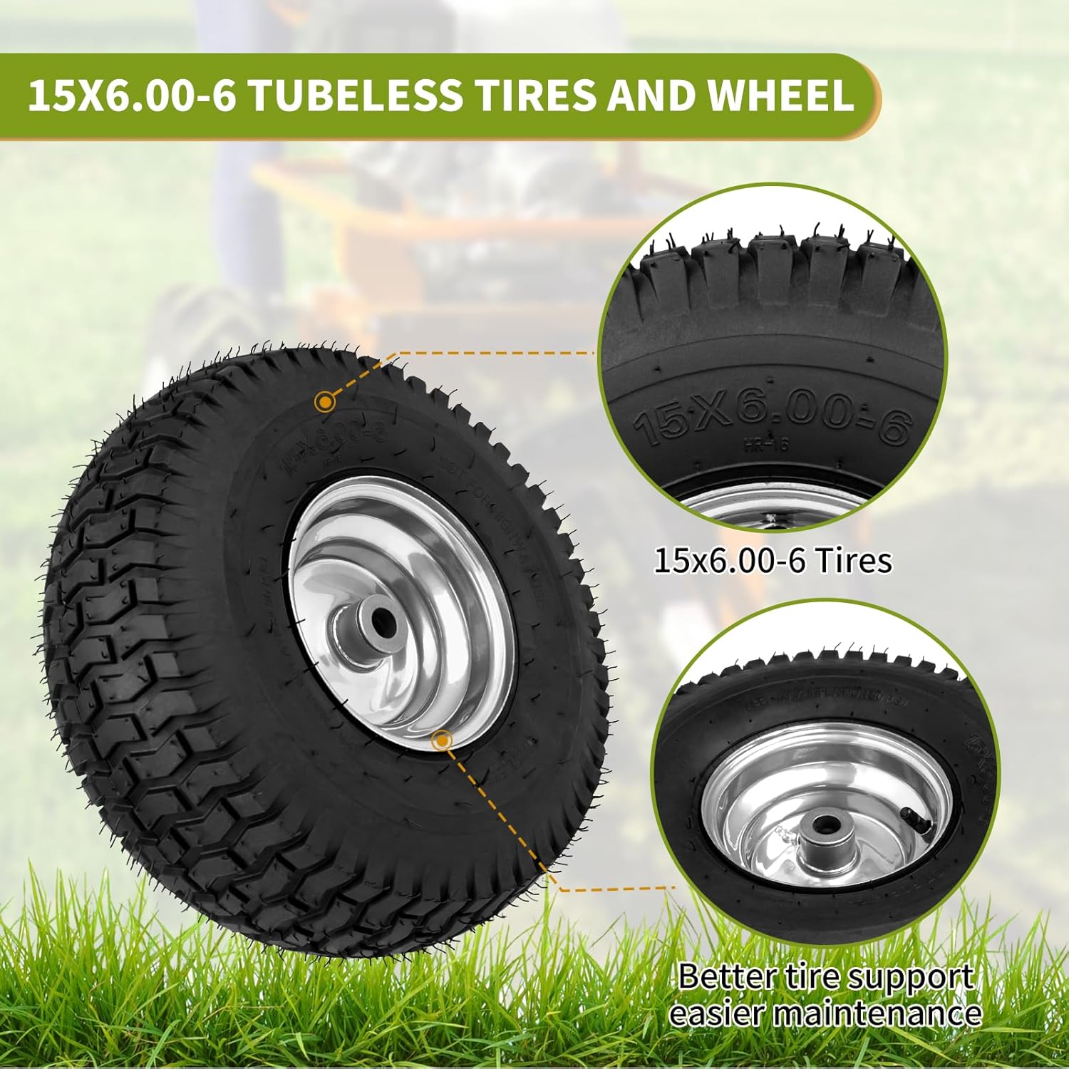 15x6.00-6 Lawn Mower Tire & Wheel Assembly, Front/Rear Replacement for John Dee re, Craftsman, Hus qvarna Riding Lawn Mowers and Tractors, 2-Pack
