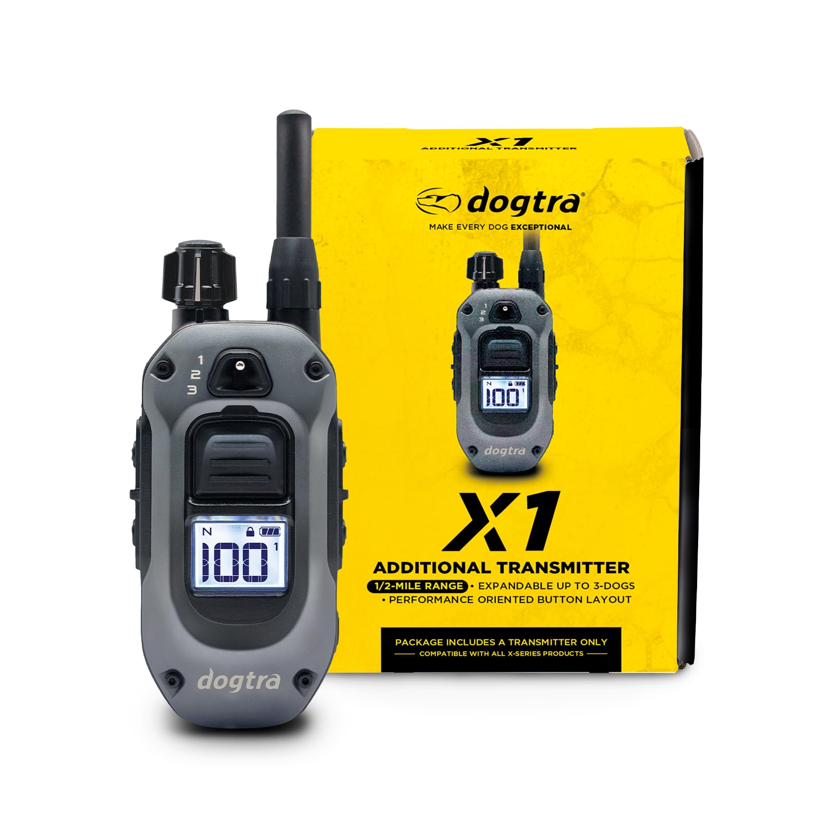 X-Series X1 E-Collar Remote Transmitter Only (Compatible with 280X) 10 lbs+, 1/2 Mile Range, LED Light, 100 Levels of Precise Control for Stubborn Dogs, Waterproof, Boost for Quick Recall