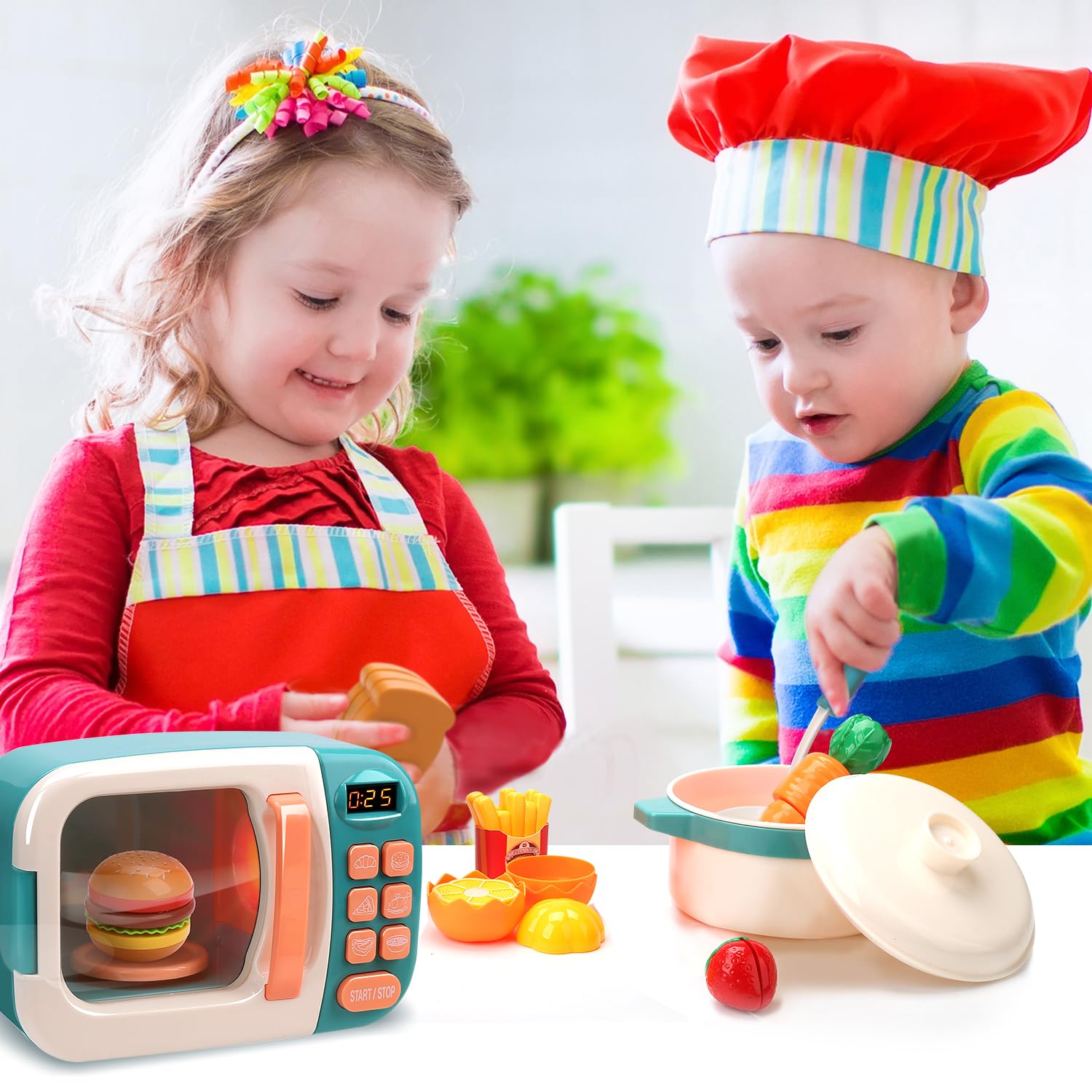 CUTE STONE Ensemble de Jouets Cuisine avec Micro-Ondes, Jeu d’Imitation pour Enfants, Four Électronique et Aliments de Jeu, Ustensiles de Cuisine, Jouets Éducatifs pour Filles et Garçons