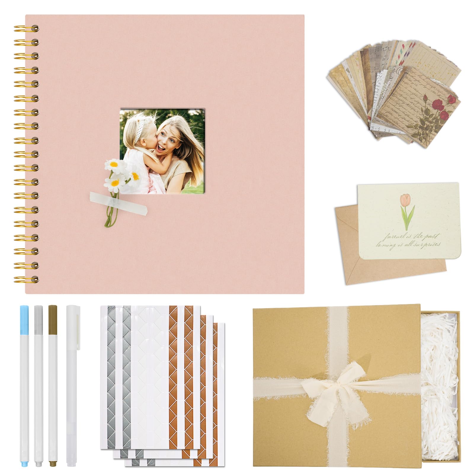 Vienrose DIY Scrapbook Album Gift Set, Linen Hardcover Memory Book, 25.5x25.5 cm Photo Album with 40 White Pages, Embellishments Kit for Wedding, Baby Shower, Travel, Christmas (Pink)