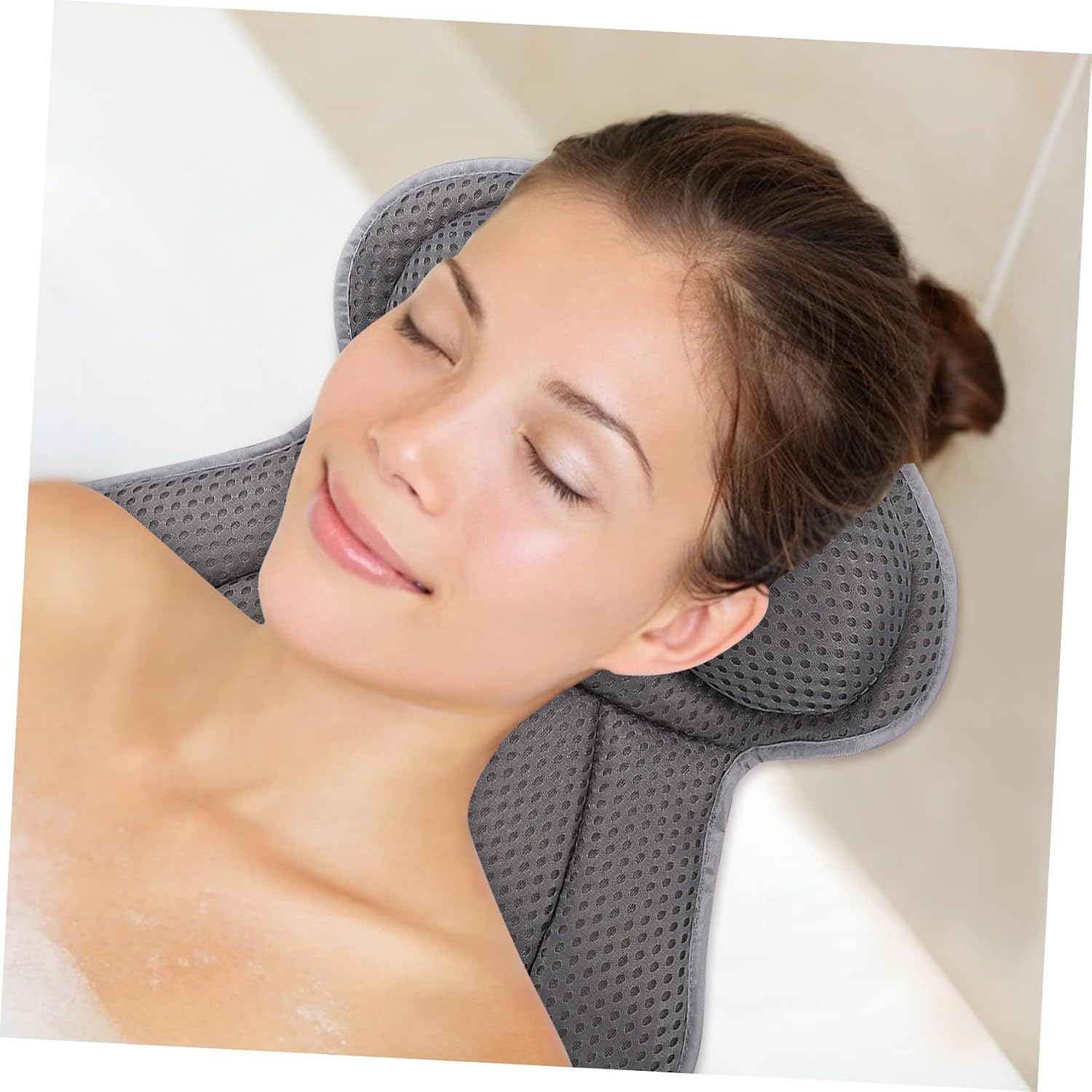 4D Mesh Bathtub Pillow with 6 Non-Slip Suction Cups, Grey Neck and Head Support Cushion for Spa and Home Shower Relaxation