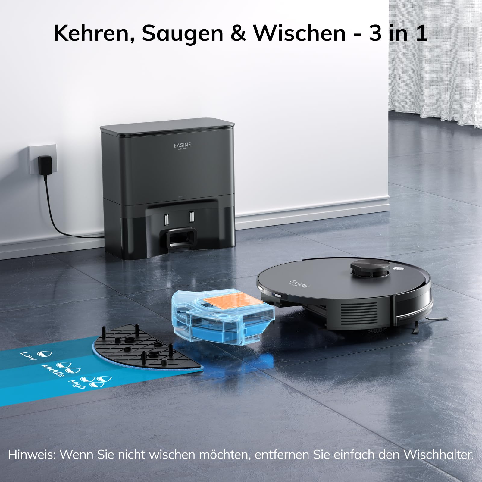 Saugroboter mit Wischfunktion, Automatische Absaugstation, Lasernavigation, No-Go-Zonen, 5000Pa, 5* 2.5L Staubbeutel,180Mins, App, Staubsauger Roboter Für Hartböden, Teppiche und Tierhaare, S20