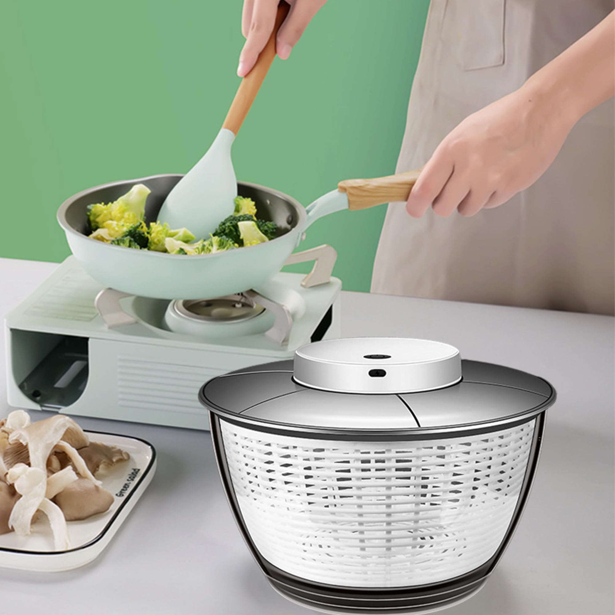 Centrifuga per insalata, Asciugatrice per Verdure, Capacità: 4.5 litri, Trasparente, Asciugare Rapidamente Frutta e Verdura, Lavare Centrifuga, Disidratare e Scolare l'Acqua, Centrifuga Elettrica