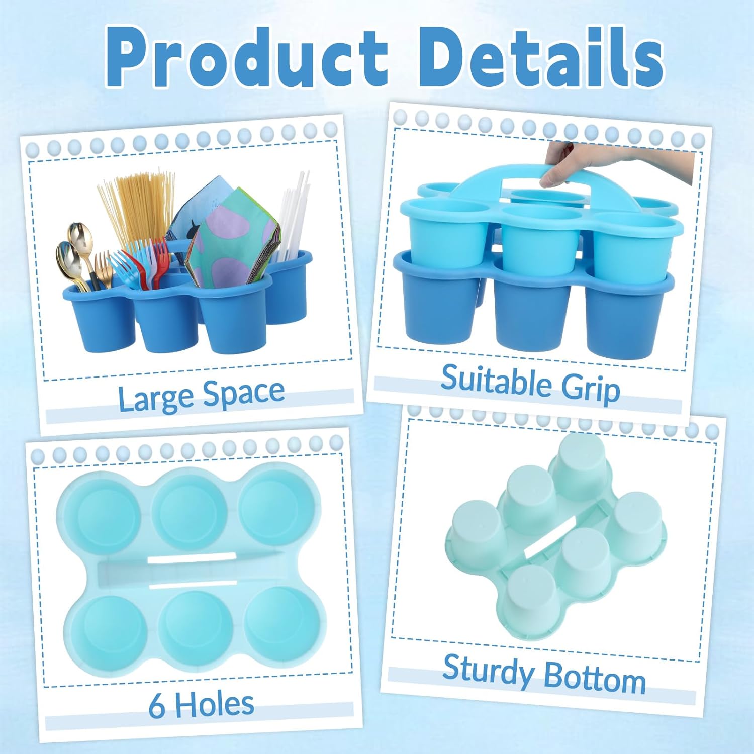 6 Pack Classroom Caddy Organizer with Handle Gradient Blue Plastic Table Caddy Drink Cup Caddies Holder 12x9x3.5 Inches Storage School Supplies 6 Compartments for Table Crayon Pencil Cup Marker Craft