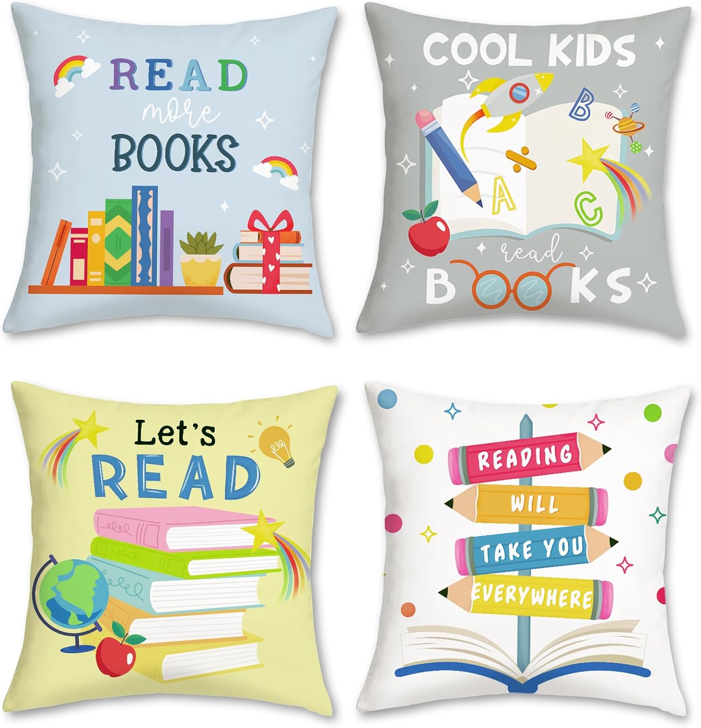 Bonhause Reading Books Throw Pillow Covers 18 x 18 Inch Set of 4 Kids Reading Room Classroom Decorative Cushion Covers for Children Nursery Room Library Decor