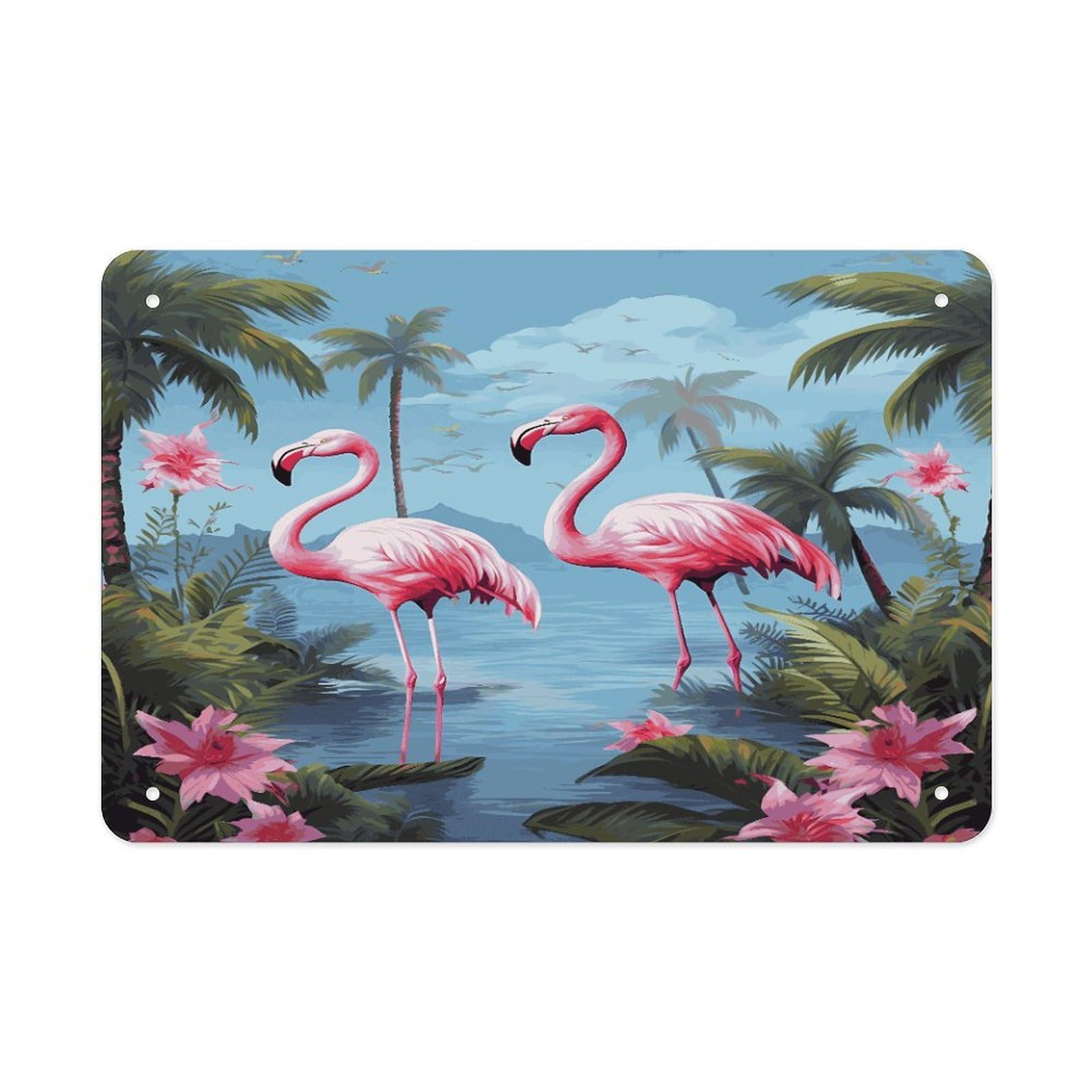 LDGSUPH Tropical Flamingos Metal Tin Sign Wall Art Prints Folded Edge Iron Sheet Painting with Holes for Wall Prints Decorative Picture Metal Signboard Decor Painting Wall Decor