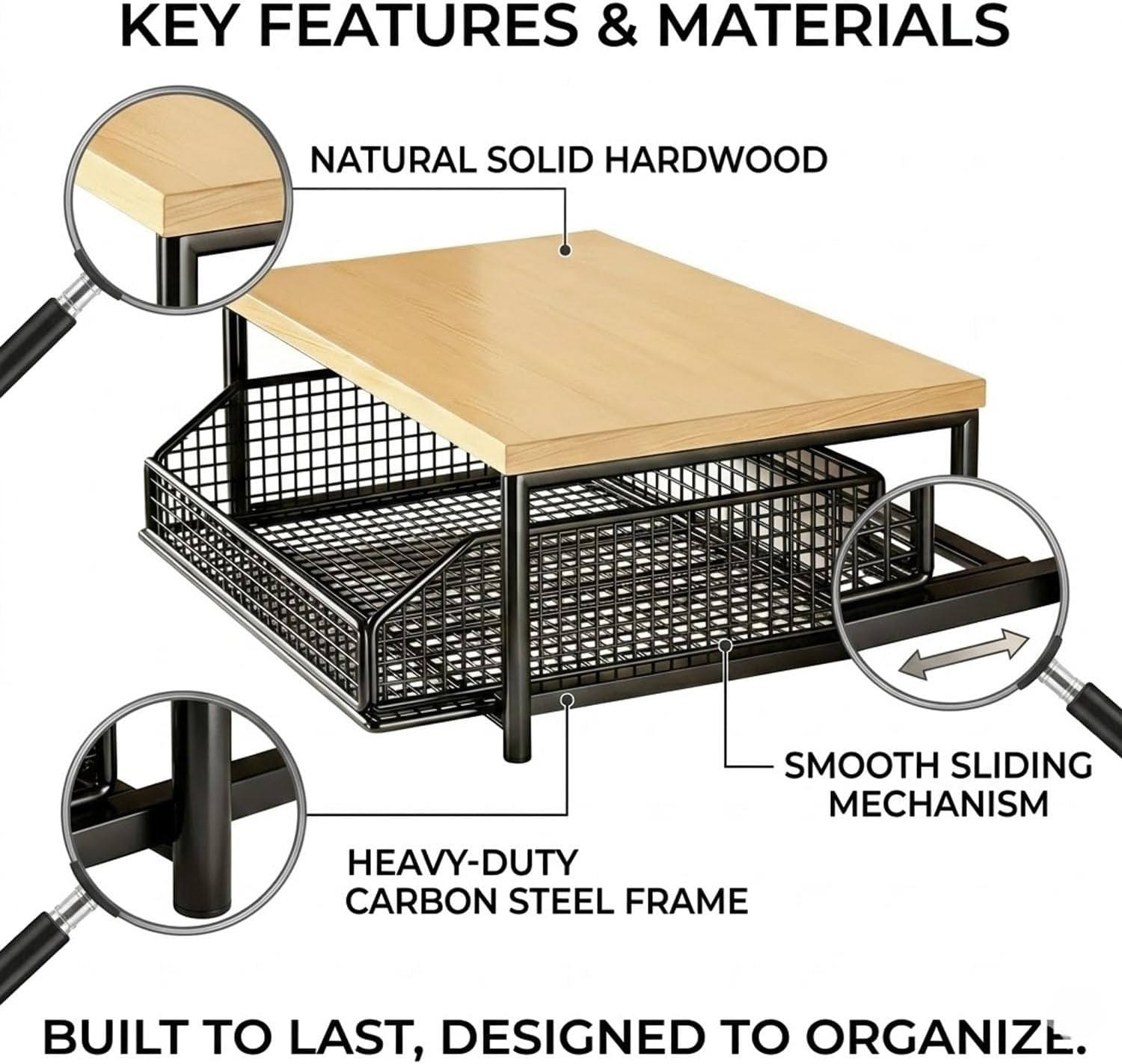 Kitchen Countertop Organizer with Drawers, 2-Tier Hardwood Counter Shelf with Drawer and Wire Basket, Kitchen Countertop Storage for Microwave, Coffee Maker, Spices & Fruit (Monolayer-black)
