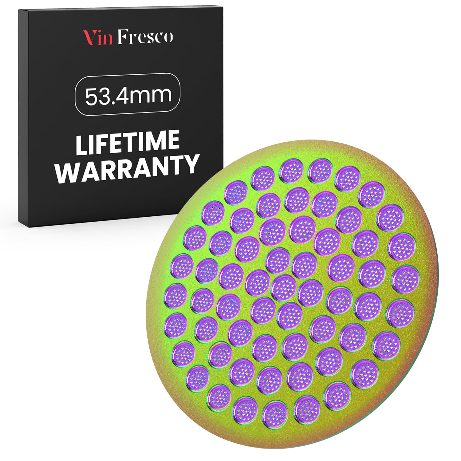 Espresso Puck Screen 53.4mm – Breville Machine &amp; 54mm Portafilter Compatible – 316 Stainless Steel Filter – Micro-Perforated Coffee Puck Screen for Even Extraction – Rainbow