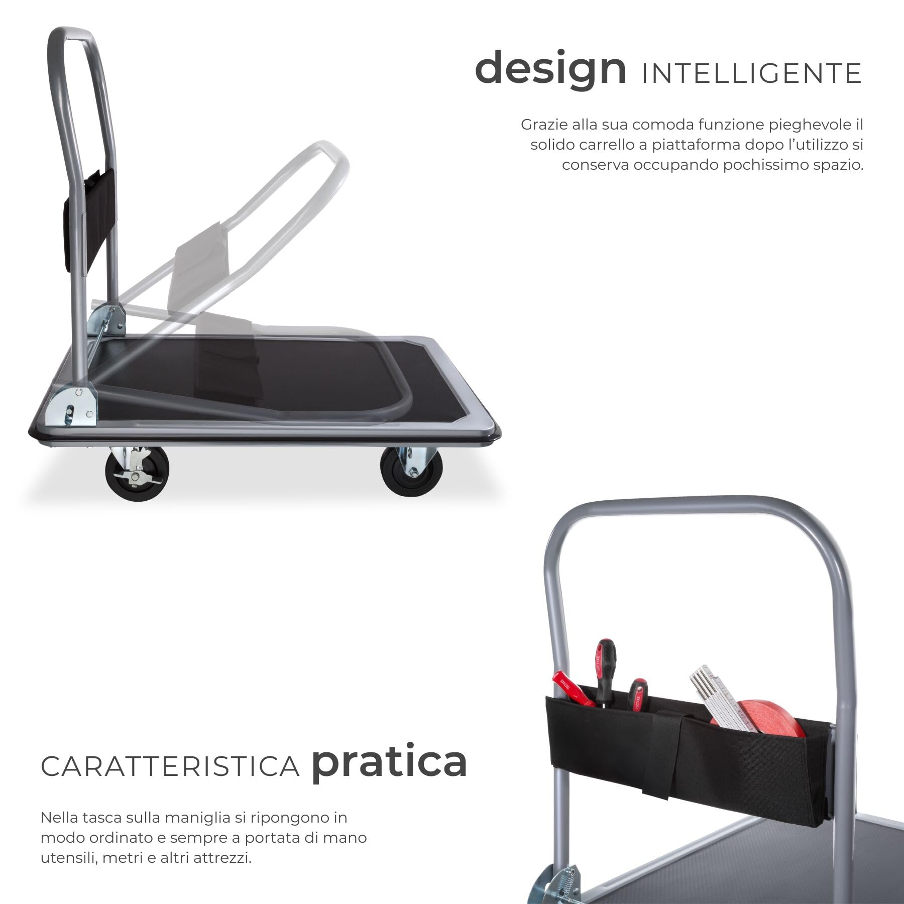 tectake® Carrello con ruote portatutto 73x47x83 cm Carrello Portapacchi Pieghevole Acciaio con Pianale Portapacchi, Carico Max 300kg, Maniglia, 2 Ruote Fisse 2 Ruote Girevoli, Ideale Magazzino - Nero