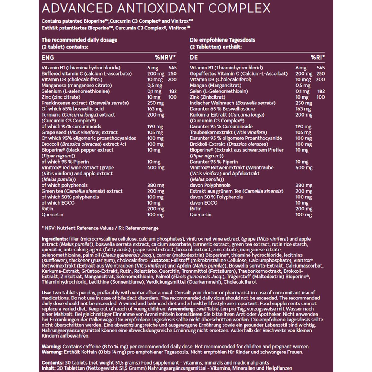 Perfect Health - Premium Antioxidantien Komplex Hochdosiert - Mit Curcumin C3 Complex®, Vinitrox™ & Bioperine® - 30 Tabletten - Für Zellen, Herz, Haut & Immunsystem - Mit Polyphenolen & Vitaminen