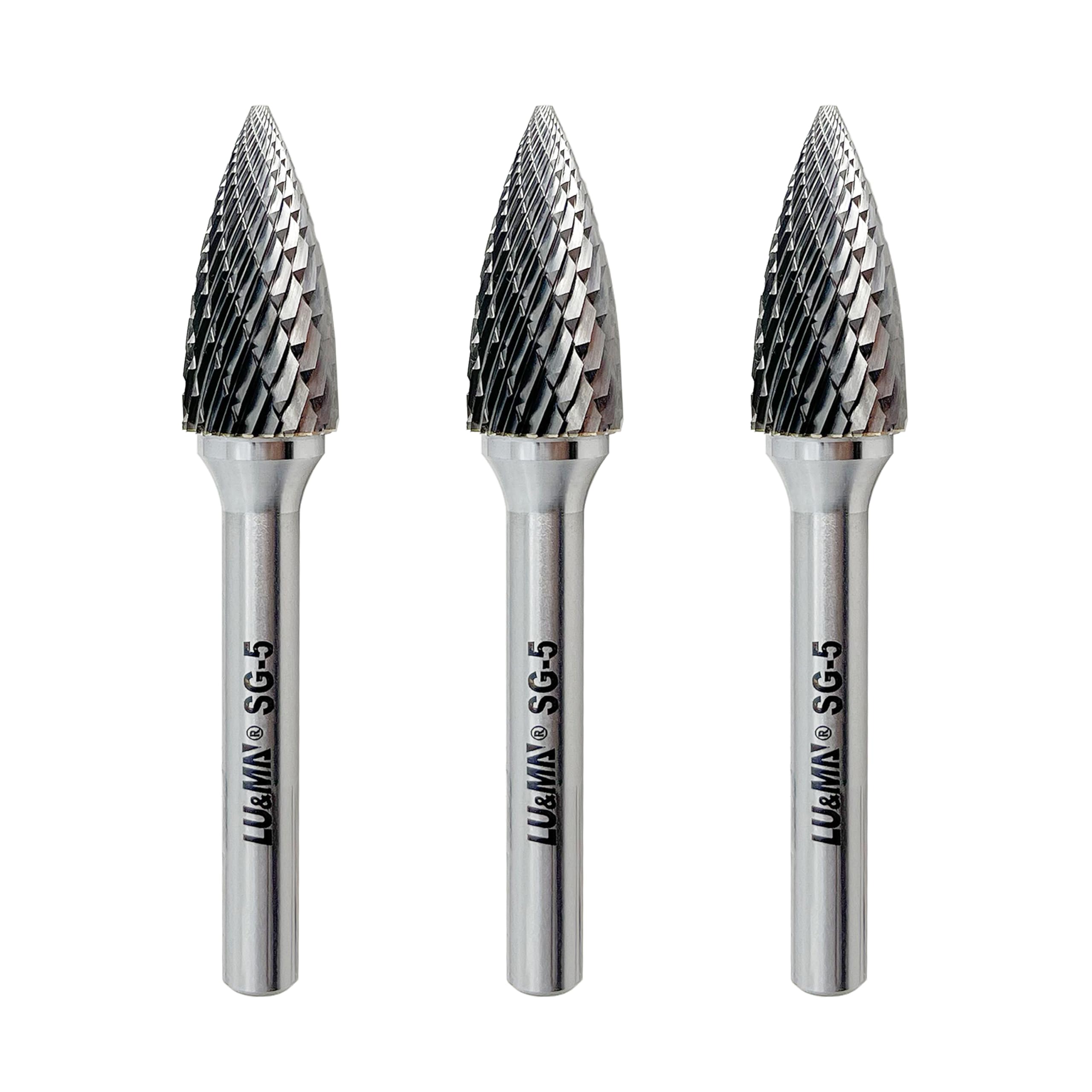 LU&MN SG-5 Double Cut Tree Shape Tungsten Carbide Rotary Burr with 1/4" Shank for Die Grinder and Drill,3PCS