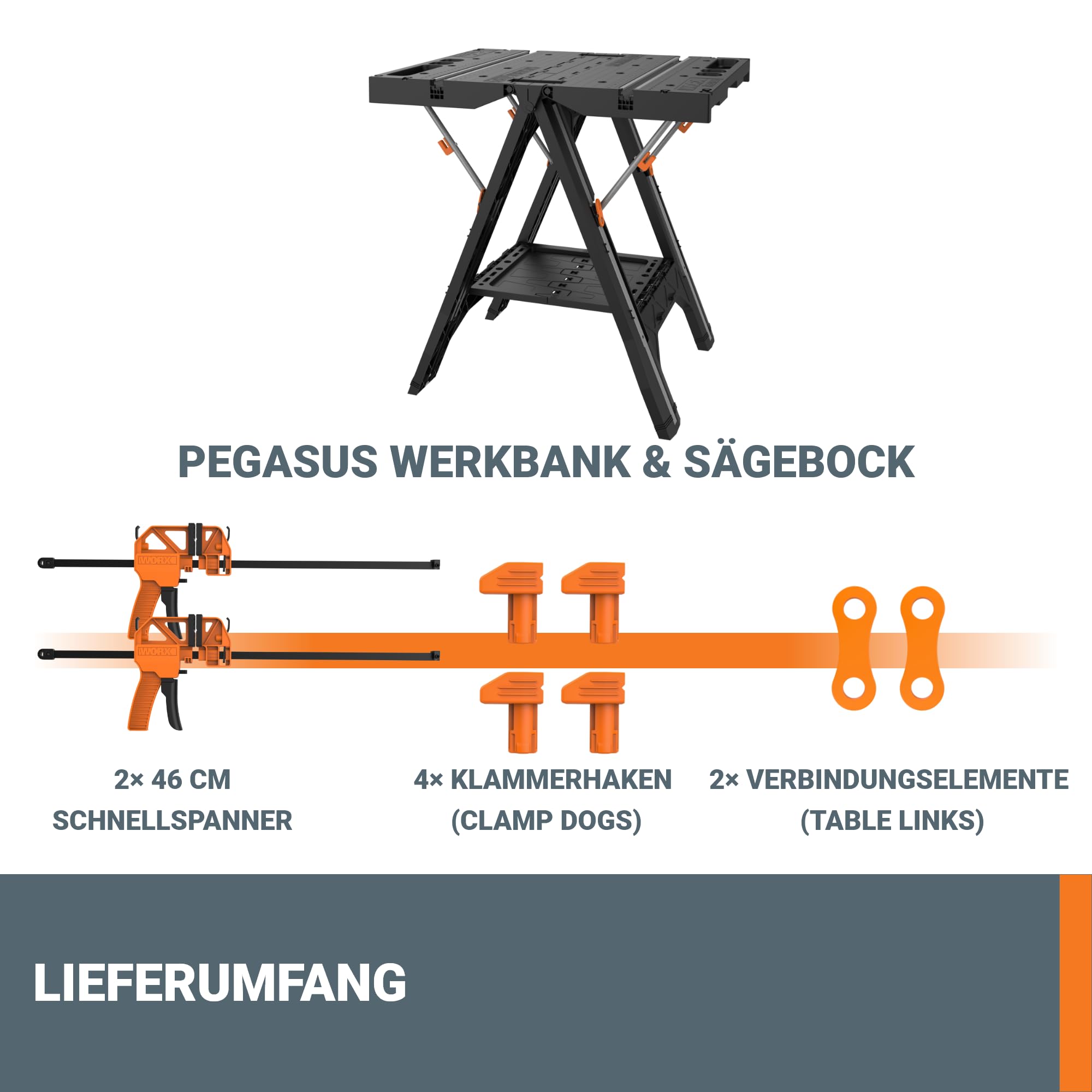 WORX PEGASUS WX051 mobile multifunktionale Werkbank - hochwertiger Arbeitstisch klappbar für die Werkstatt, max. Belastung 450kg – inkl. Schnellklemmvorrichtung – hohe Stabilität & große Arbeitsfläche
